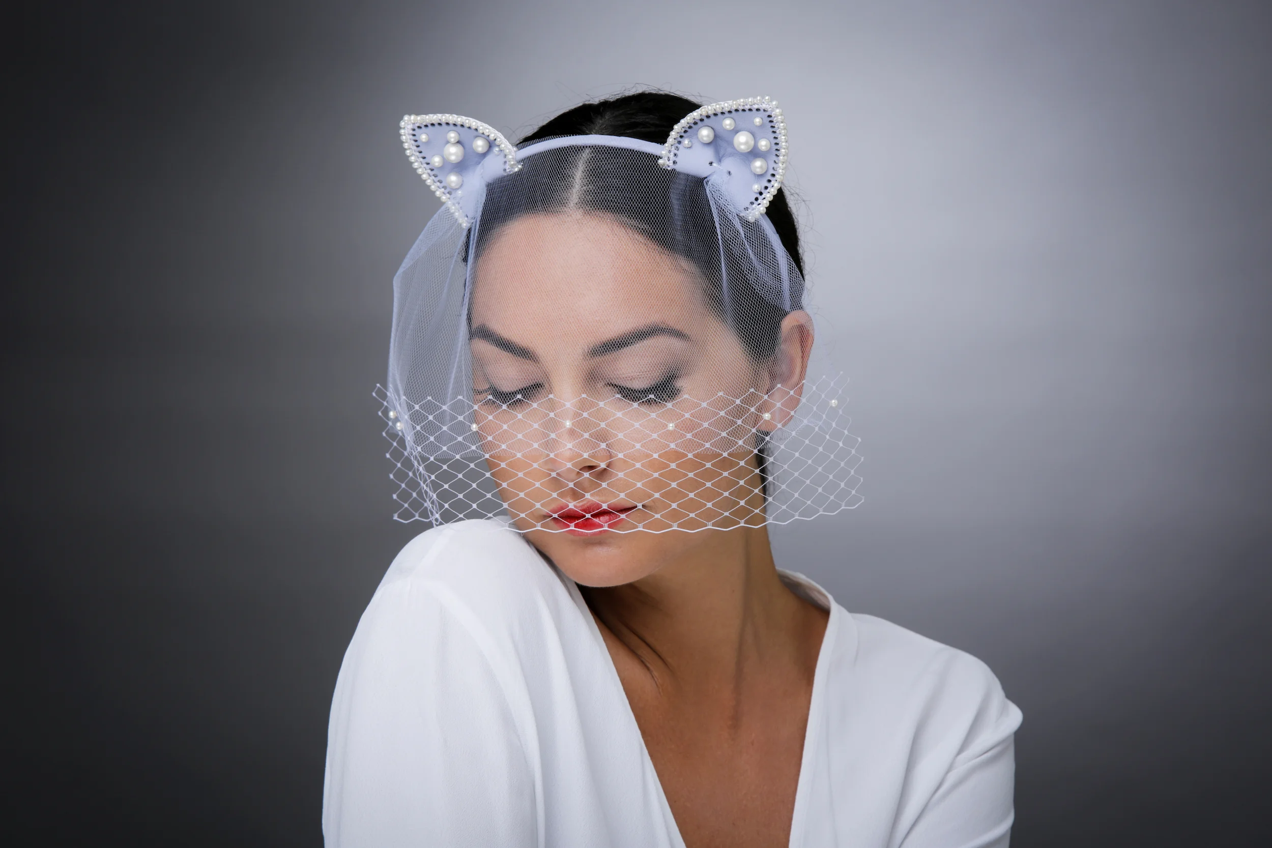 CAT EAR HEADBAND WITH VEIL AND FRESH WATER PEARLS