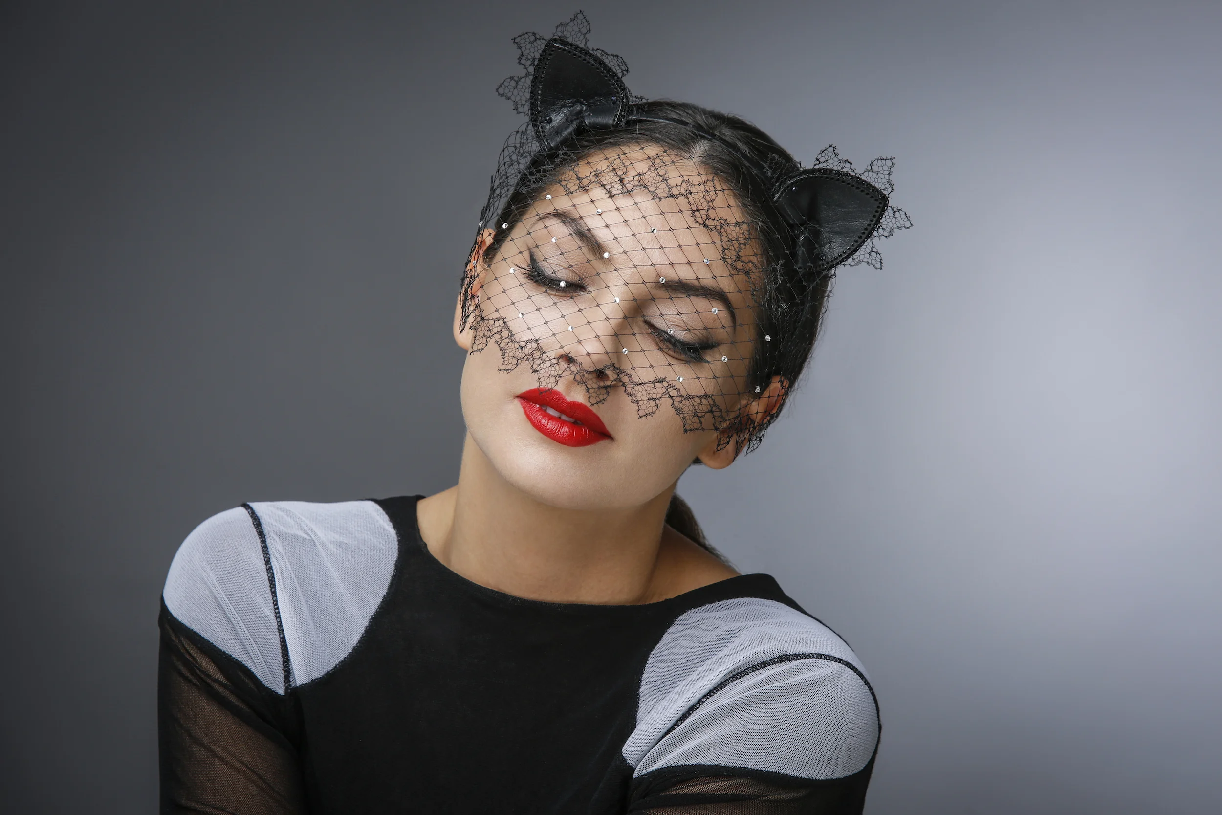 CAT EAR HEADBAND WITH VINTAGE VEIL AND SWAROVSKI STRASS