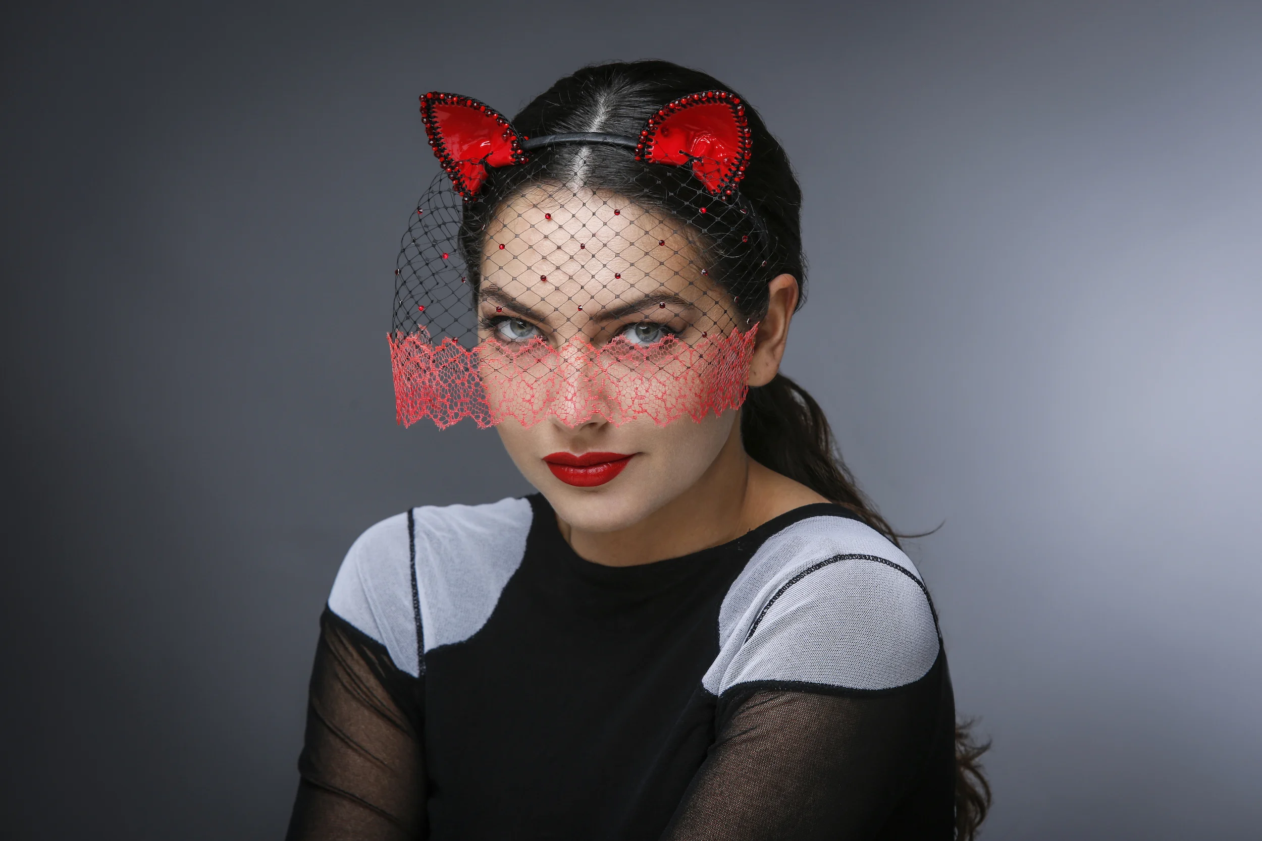 LACQUERED LEATHER CAT EAR HEADBAND WITH VINTAGE LACE