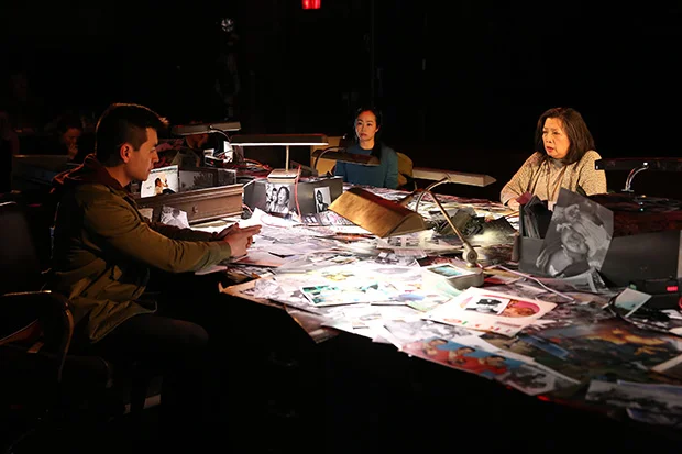 David Huynh, Eunice Wong, and Mia Katigbak star in Daniel Berrigan's The Trial of the Catonsville Nine, directed by Jack Cummings III, for Transport Group at NAATCO at Abrons Arts Center. (© Carol Rosegg)