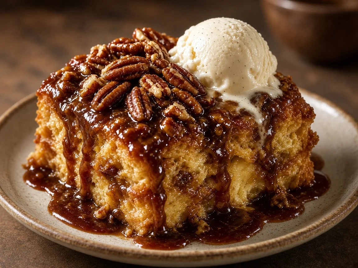 New Orleans Cold Brew Praline Bread Pudding with Vanilla Ice Cream