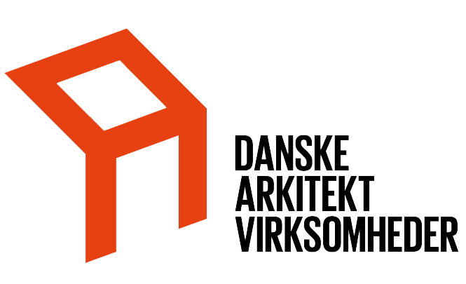 Danske Arkitektvirksomheder logo i rød og hvid på sort baggrund