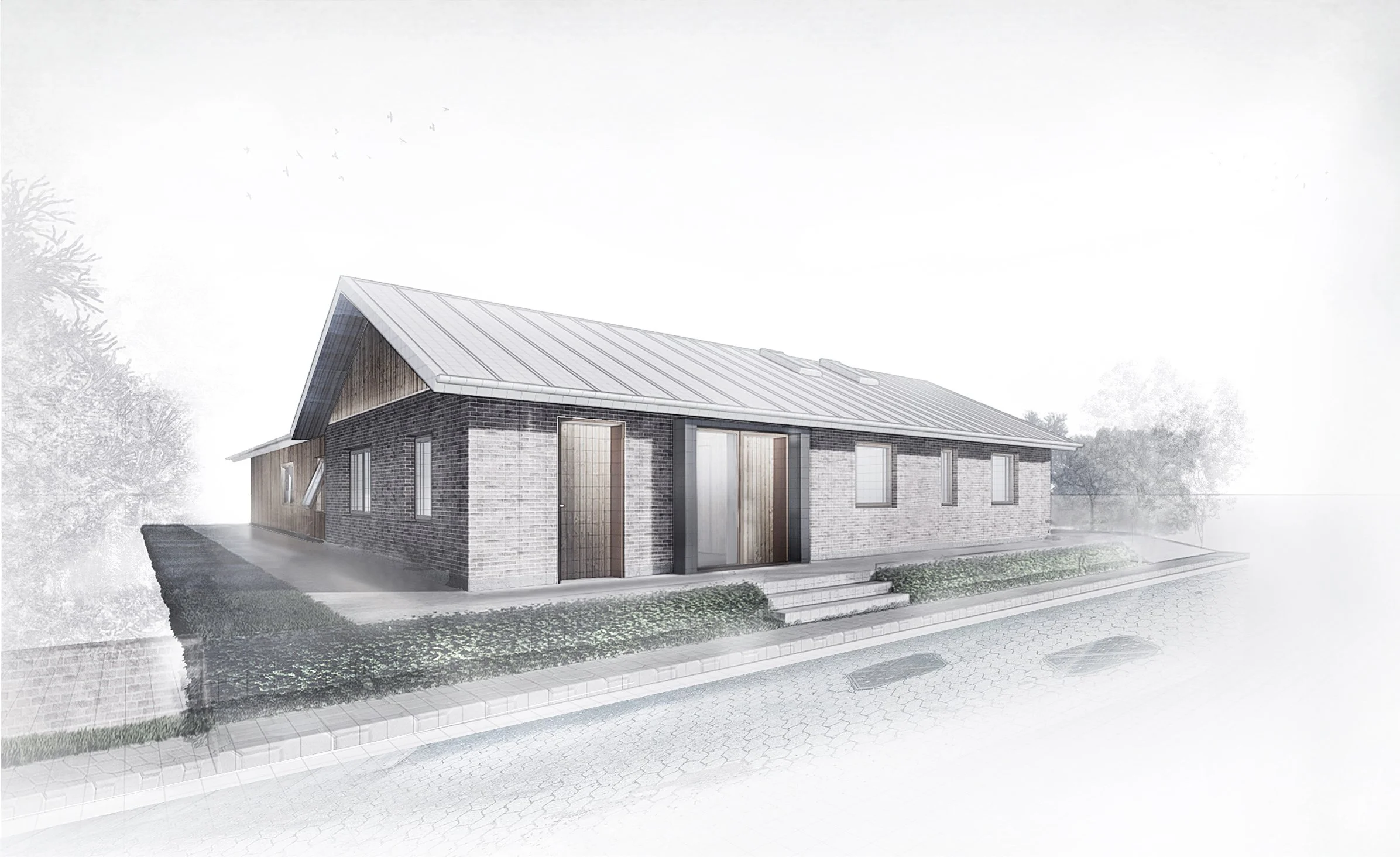 Skitseforslag til om- og tilbygning af 80'er-parcelhus på Sydsjælland