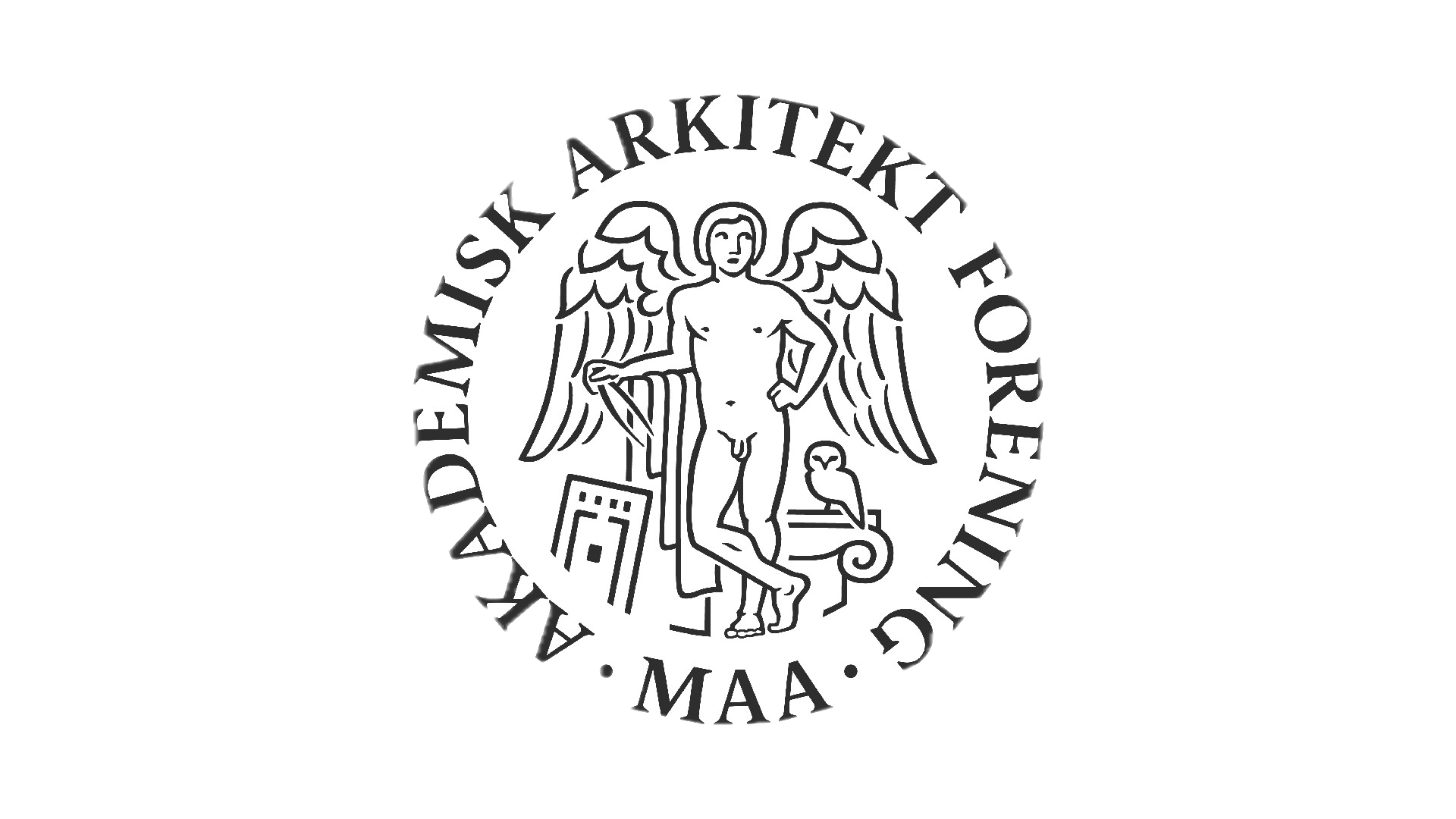 Arkitektforeningen logo med en bevinget figur, bygning og ugle