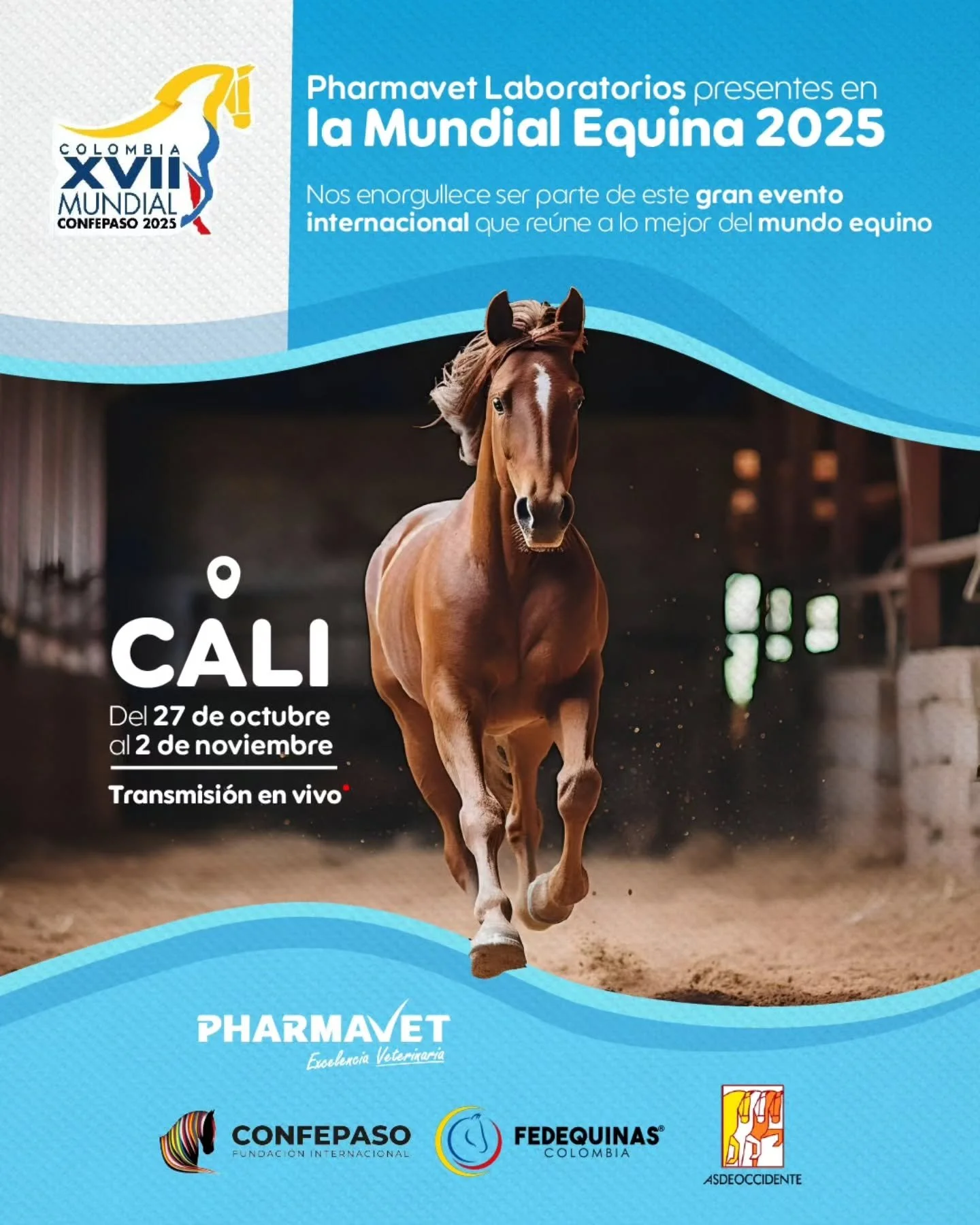🐴 ¡Pharmavet Laboratorios dice presente en la Mundial Equina 2025! 🌎
Del 27 de octubre al 2 de noviembre, estaremos participando en uno de los eventos más importantes del mundo equino, compartiendo innovación, conocimiento y pa