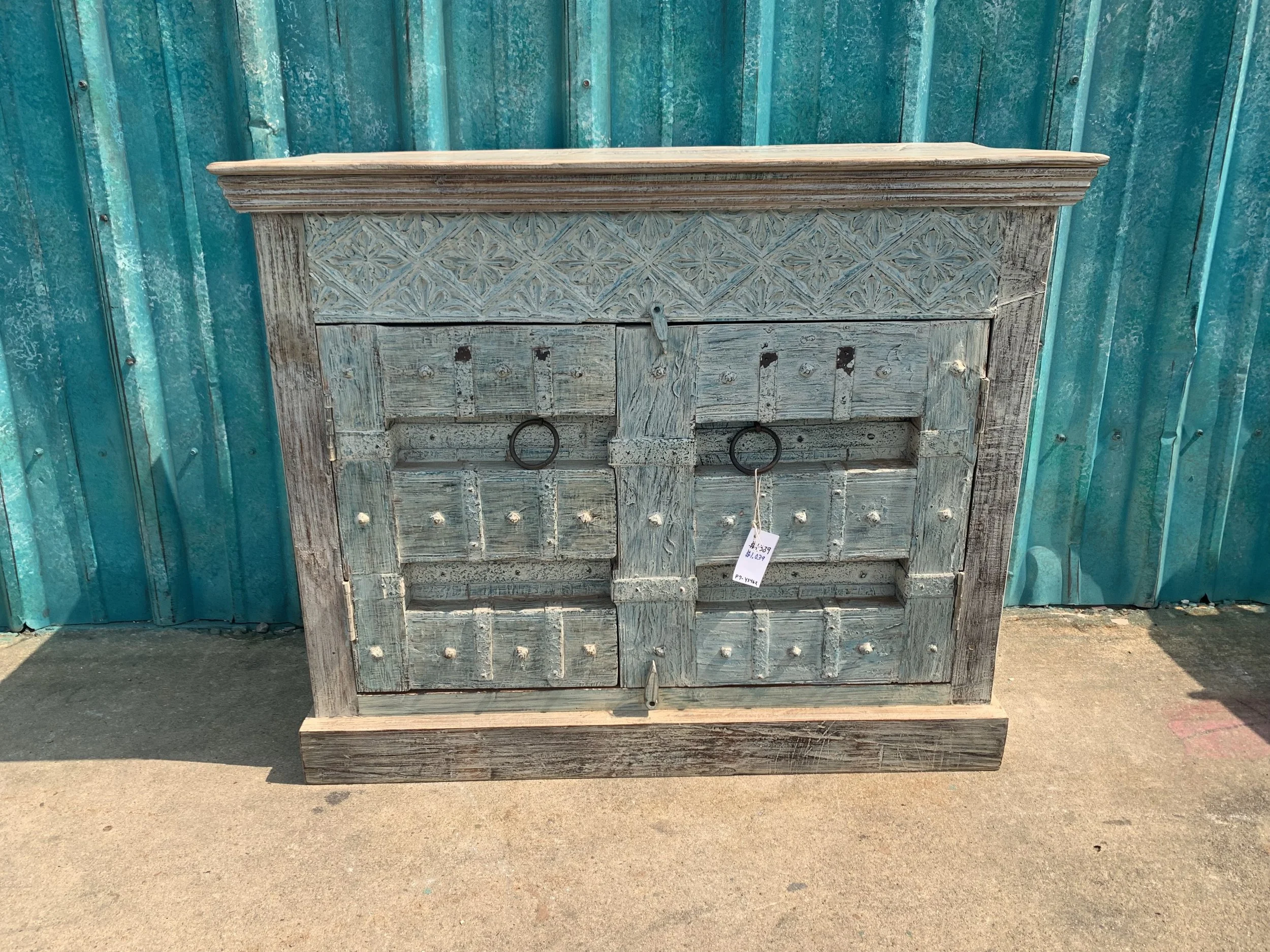 Light Blue Old Door Cabinet - 41” x 21” x 39”