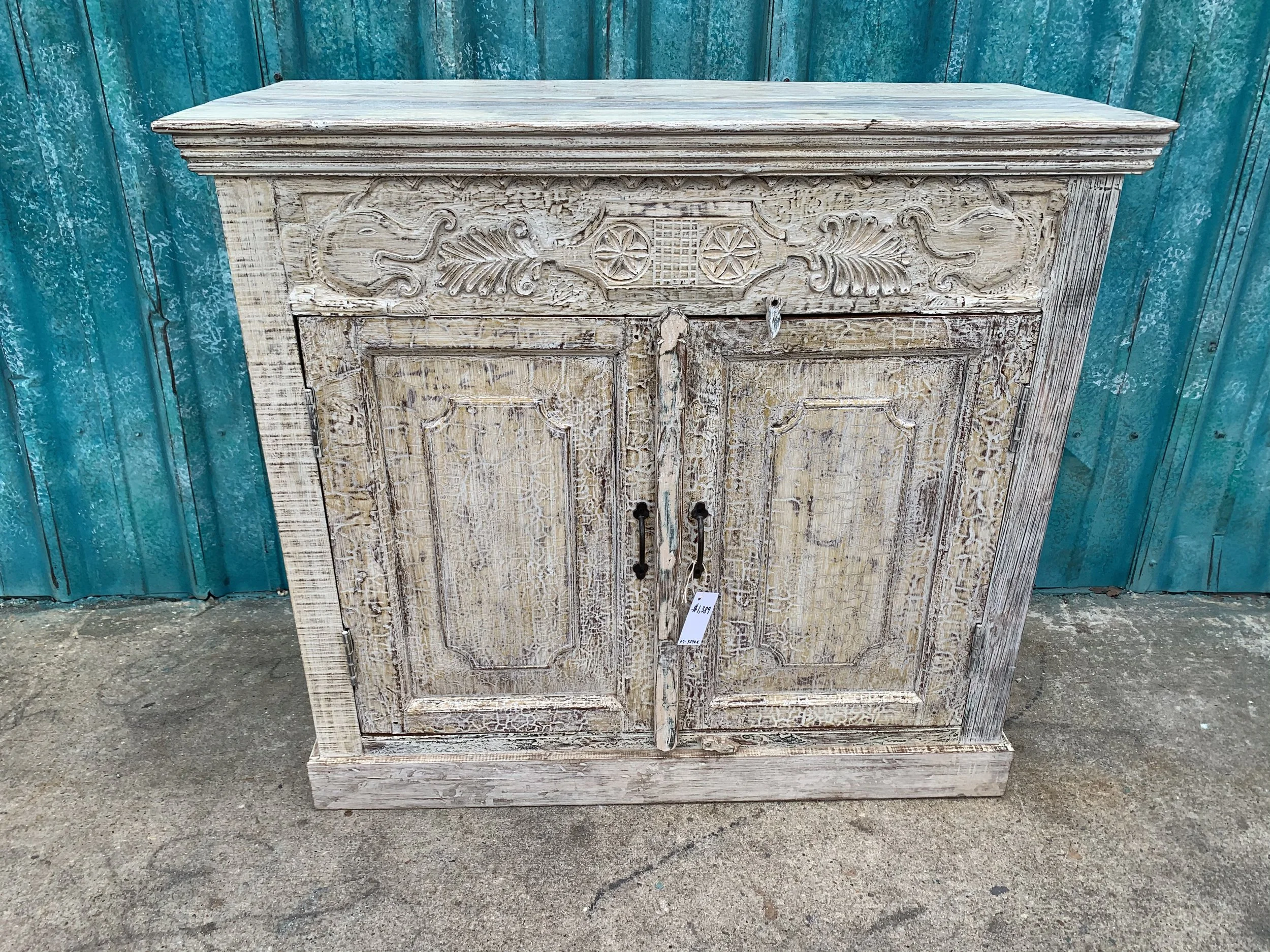 Whitewashed Carved Cabinet - 47” x 21” x 39”