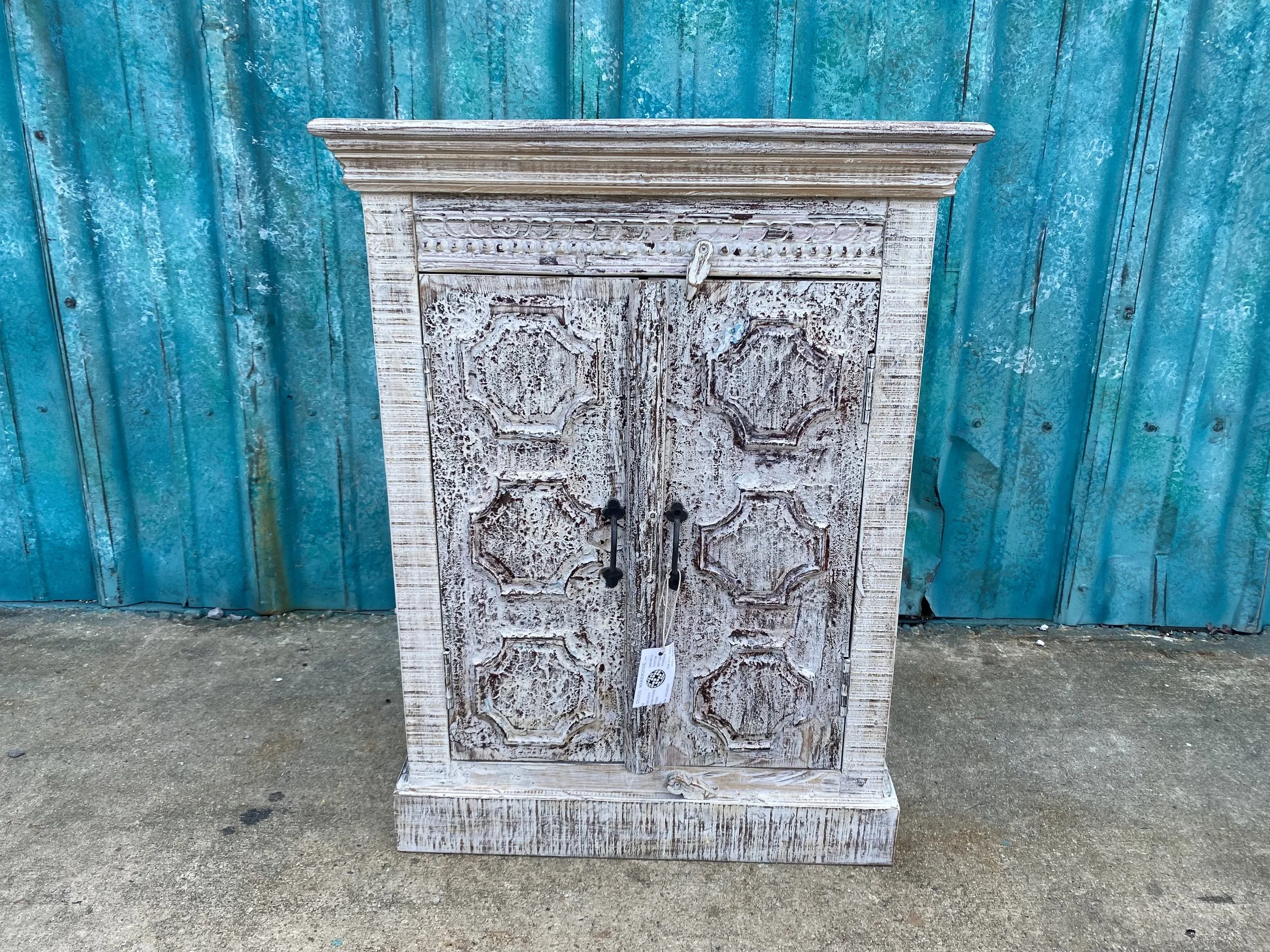 Carved Whitewashed Cabinet - 26” x 16” x 35”