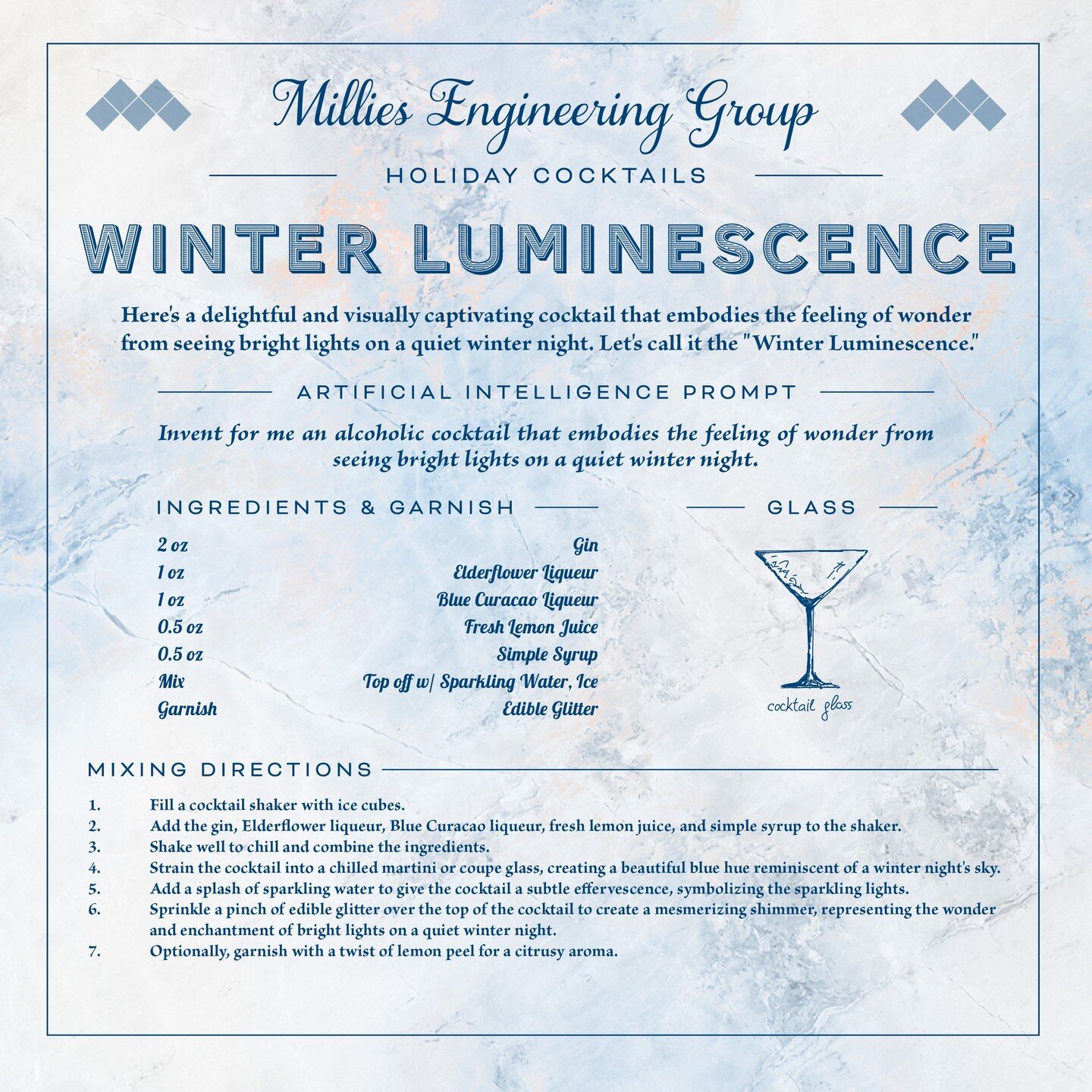 Our next signature holiday cocktail is sure to captivate! Artificial Intelligence was asked to invent a cocktail that embodies the feeling of wonder from seeing bright lights on a quiet winter night✨✨✨ 
Check out the link in bio for our staff's react