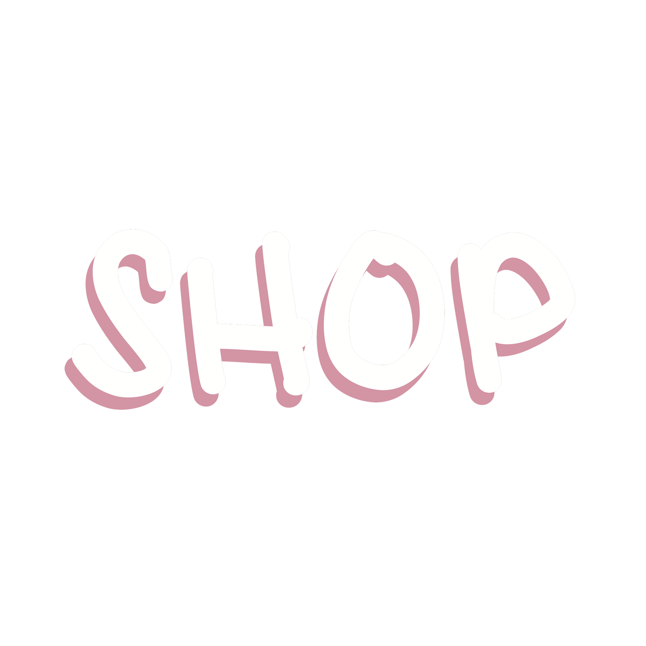A graphic with the word 'SHOP' in white and pink outlined letters on a transparent background.