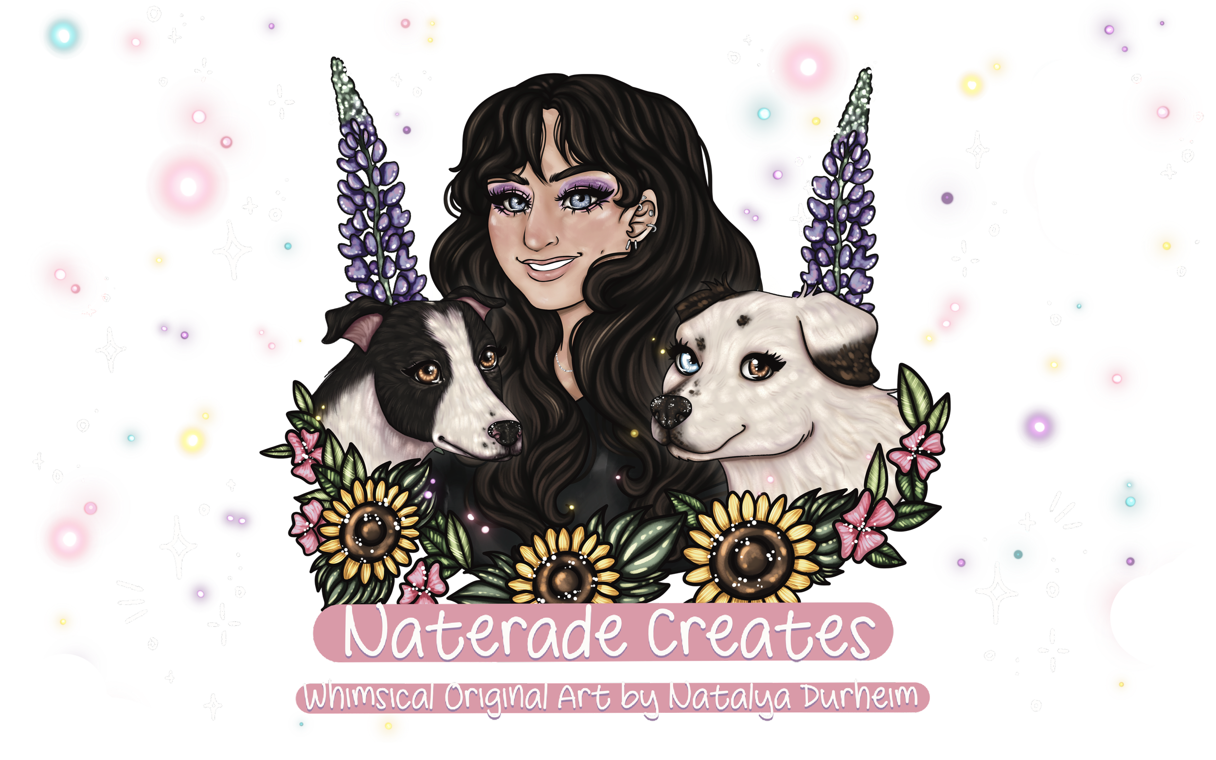 Digital illustration featuring a woman with long dark wavy hair, two dogs, sunflower and lupine flowers. Text at the bottom reads 'Naterade Creates' and 'Whimsical Original Art by Natalya Durheim.'
