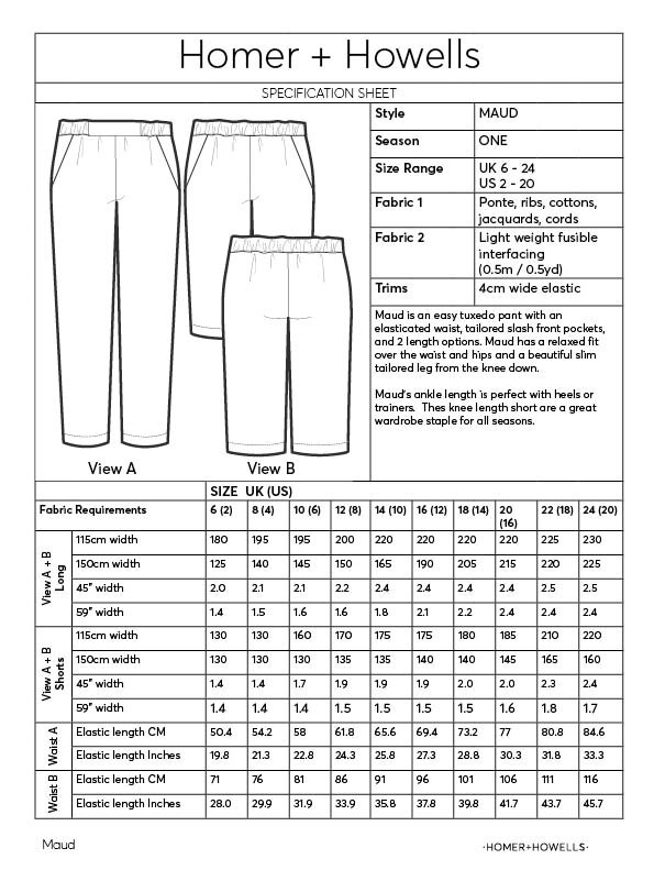 Maud Trouser Pattern Specification Page