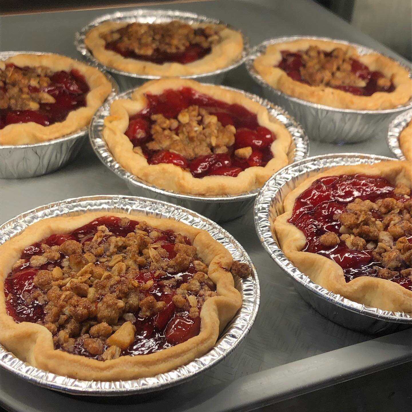 Pictured is our sour cherry crumble tarts! 

Happy New Year patrons! We&rsquo;re pleased to report we&rsquo;ve replenished our shelves, fridges and freezers in this week we&rsquo;ve been back open from our holiday break. Stop by for soups, meat pies,