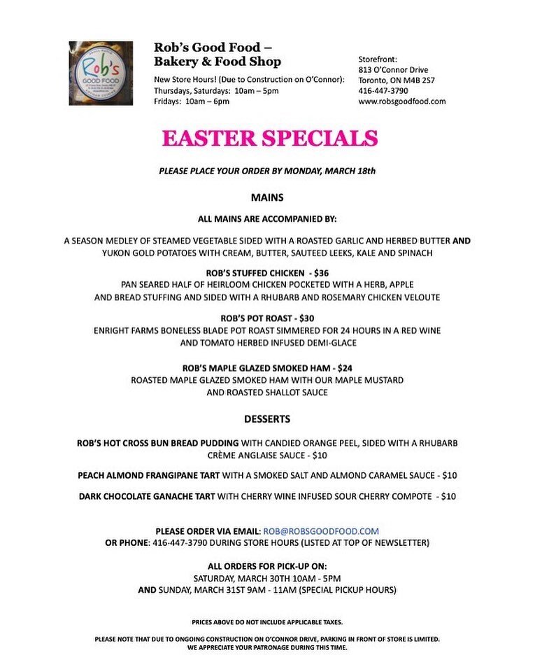 In addition to our St. Patrick&rsquo;s Day Specials that are currently available, we&rsquo;re also accepting pre-orders for our Easter Specials!

See the newsletter attached for delicious entr&eacute;es and desserts available for pick-up on Saturday 