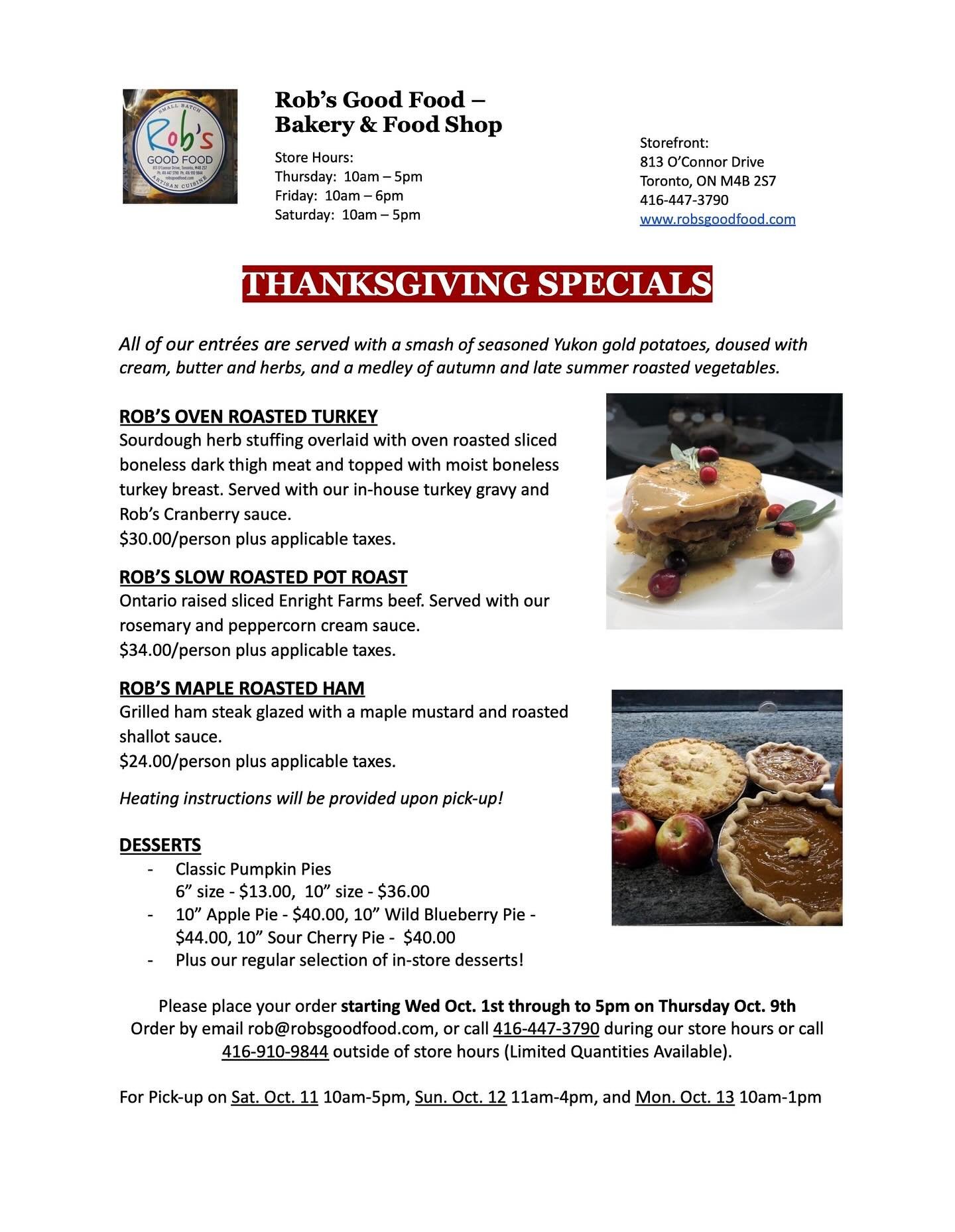 It&rsquo;s that time of year! 🦃🥧🍂 We&rsquo;re accepting pre-orders for our Thanksgiving Specials (entrees and dessert pies) until 5pm on Thursday, Oct. 9th - Please see our latest newsletter! 
Also available on our website https://www.robsgoodfood
