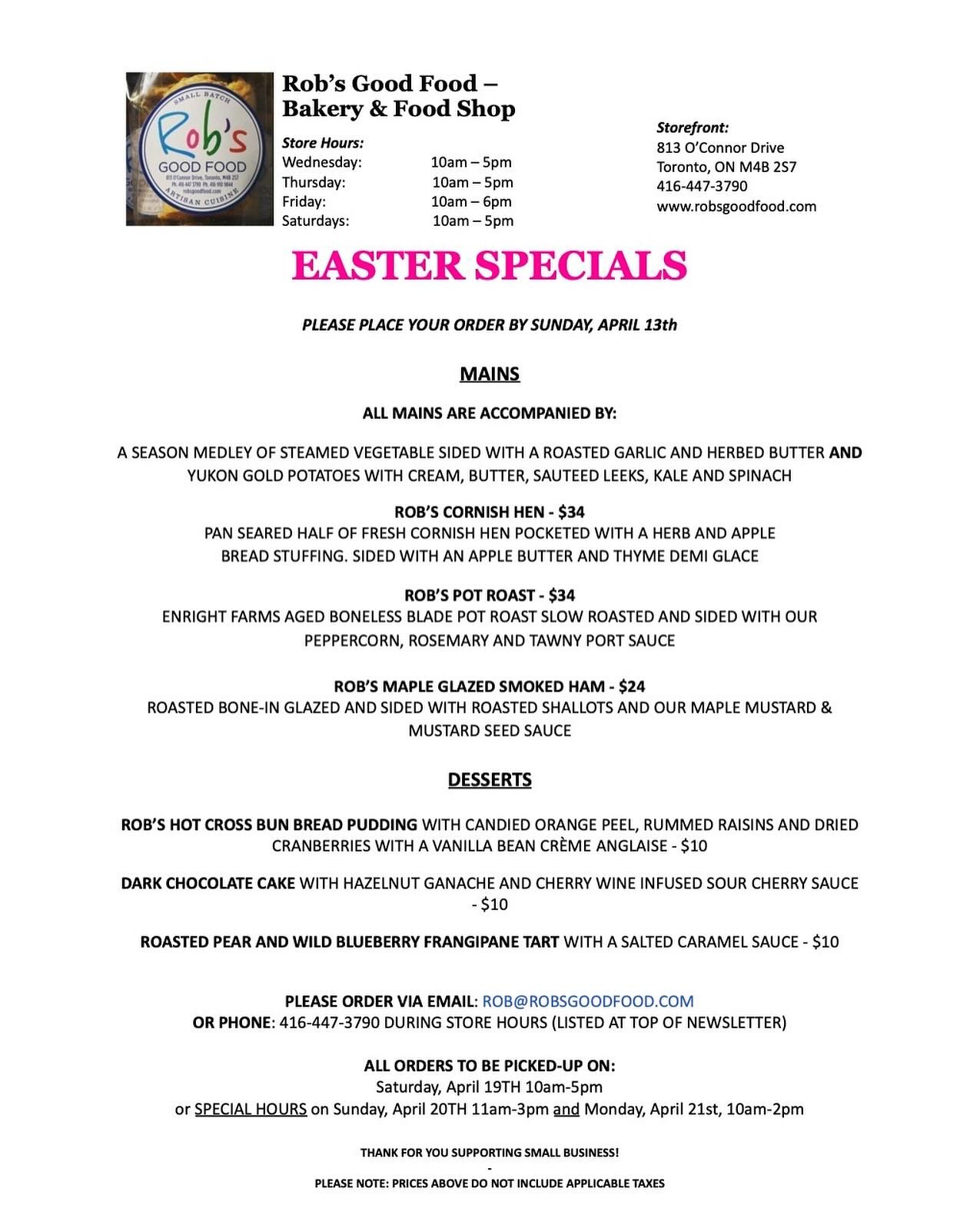 Our latest newsletter Easter Specials is out now! 🐰

See the newsletter attached for delicious entr&eacute;es and desserts available for pick-up on Saturday April 19th - Monday, April 21st 

We&rsquo;re accepting pre-orders by email until end of Sun
