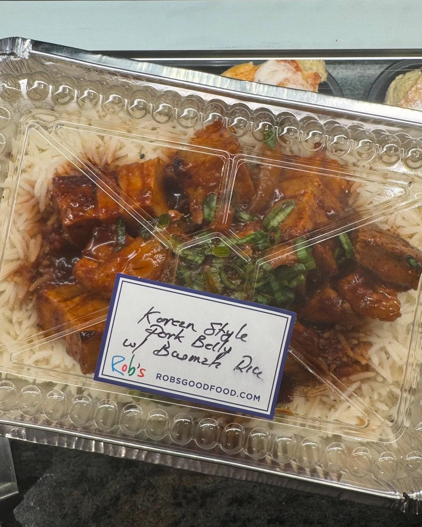 Reminder that we have a wide selection of ready to eat entr&eacute;es in our fridge and freezers! 

Pictured here is our Korean-Style Pork Belly with Basmati Rice! Stop by and pick up one of our entr&eacute;es, soups or pies whenever you don&rsquo;t 