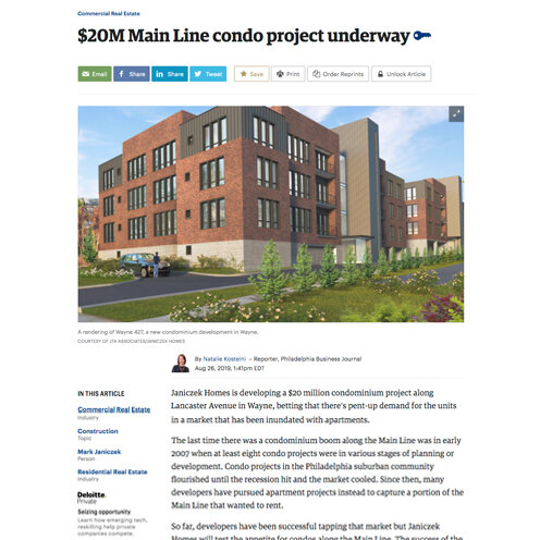 August, 2019 - "$20M Main Line Condo Project Underway"