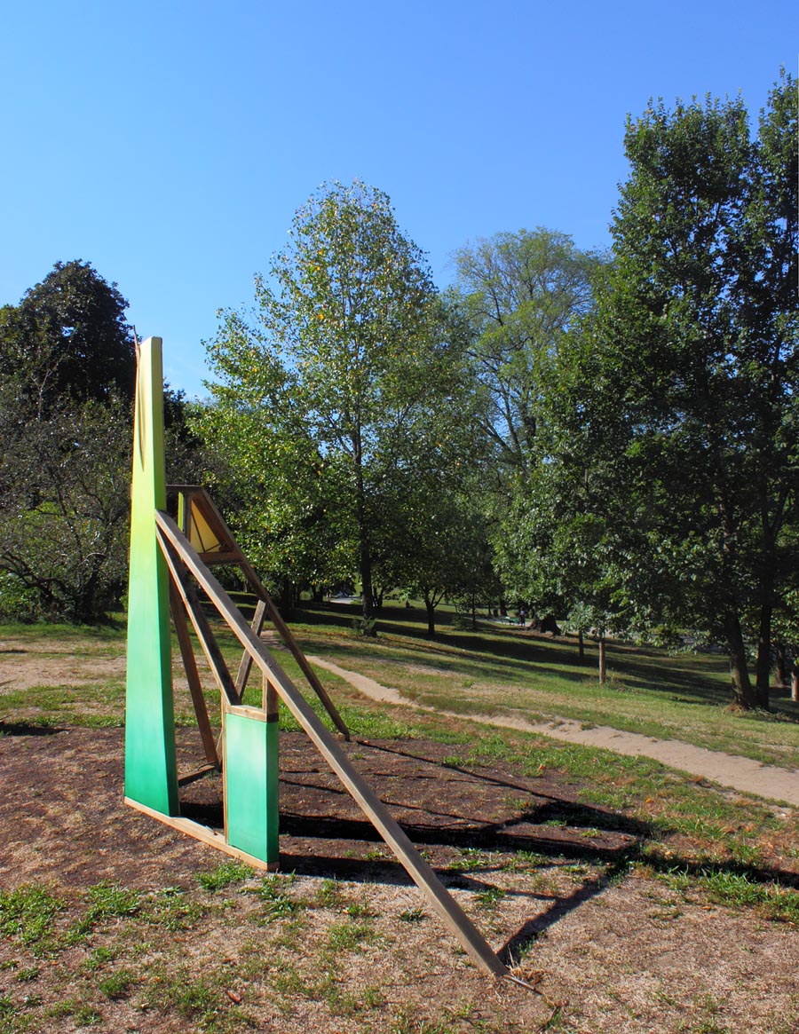OPEN SHELTER — 2016 acrylic and dry pigment on canvas, new and reclaimed wood, sandpaper; 16’ × 12’ × 8’