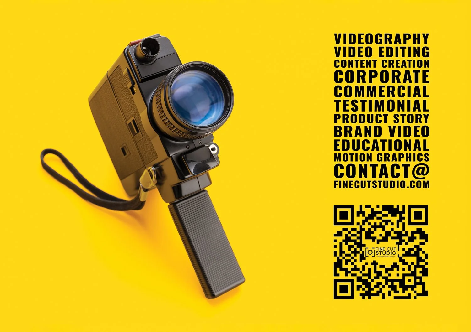 Fine Cut Studio poster promoting video production, event videography, video editing, corporate, commercial, educational, and motion graphics services in Palo Alto and the San Francisco Bay Area.