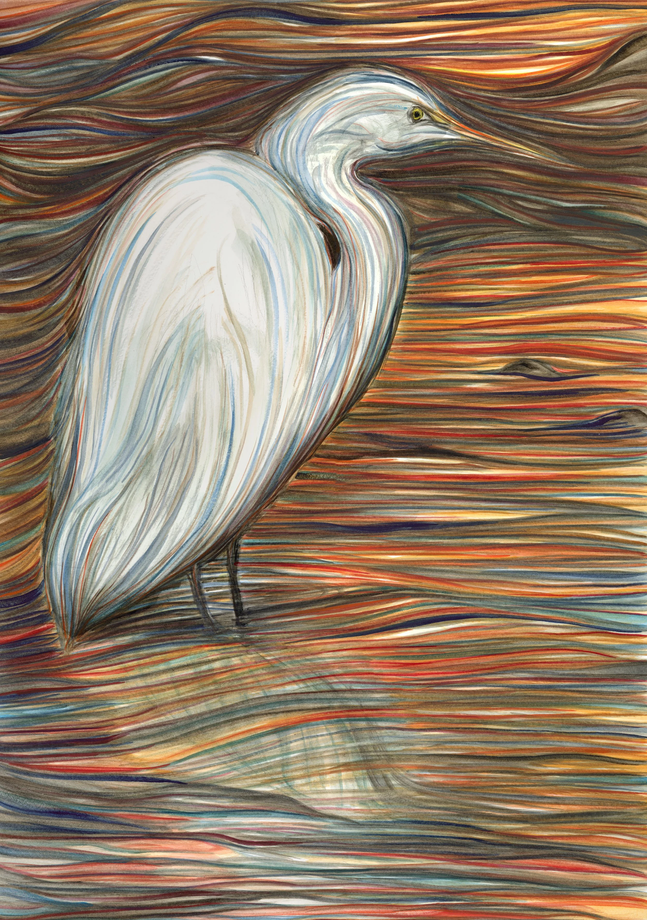 "Egret Sunset" | framed original 21" x 17" | Watercolor | 2025