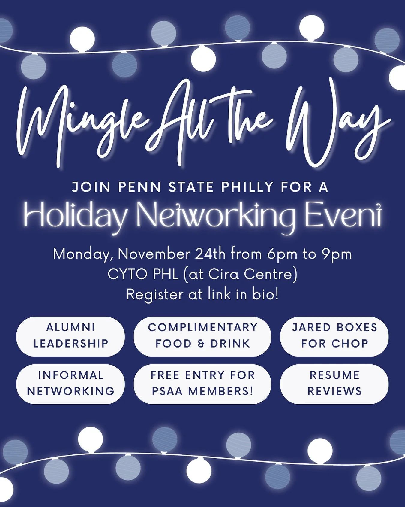 Tis the season to Mingle All the Way! π
Come join Penn State Philly for our annual holiday celebration and Nittany Networking event! πΎ
Whether you’re new to the area or have been here for years, this is a great way to connect with fellow Pen