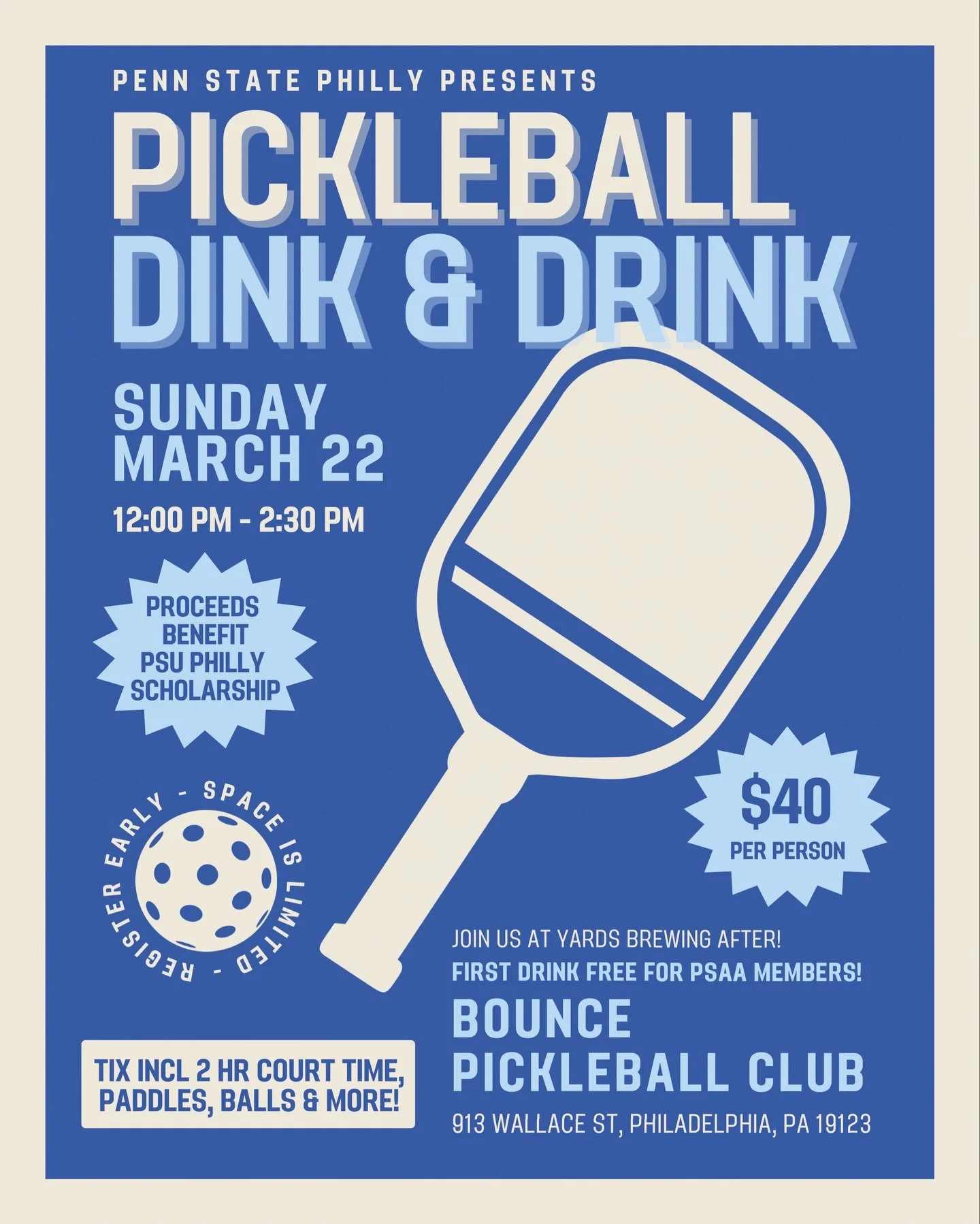 Your Sunday plans just got upgraded 👀

Join us on March 22 for pickleball &amp; drinks, while benefiting PSAA&rsquo;s scholarship fund 🐾

For just $40, enjoy 2 hours of dinks on the court at @bounce.pickleball, then join us for drinks at @yardsbrew