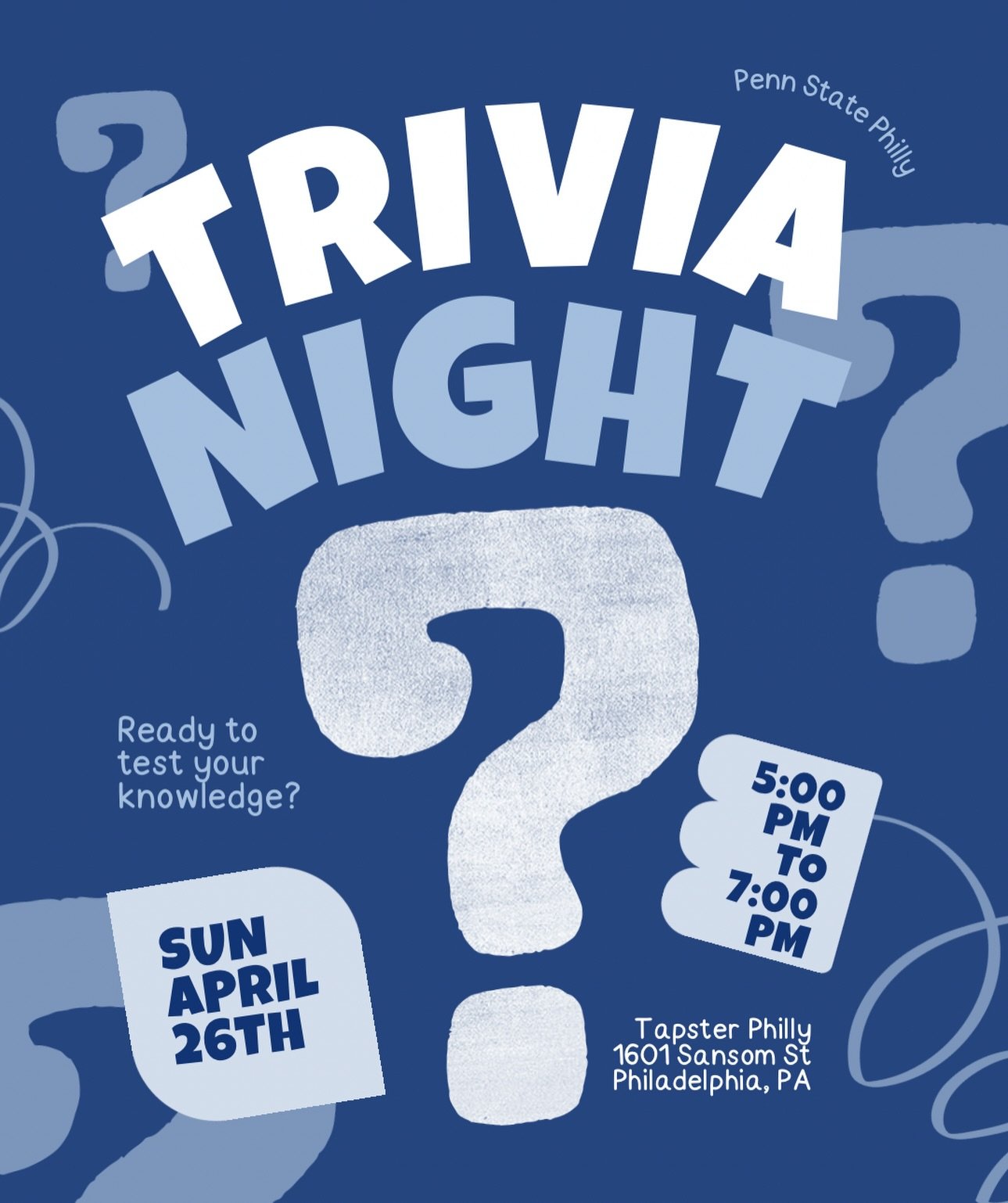 Trivia Night with @pennstatephilly! 💙🤍🦁🦁
Join us at Tapster Philly for a PSU themed trivia night! Test your Nittany knowledge while supporting PSAA! 🐾🐾🐾
April 26th at 5pm @ @tapsterphilly 
$20/team, pay when you arrive! 
Max team size is 6 peo