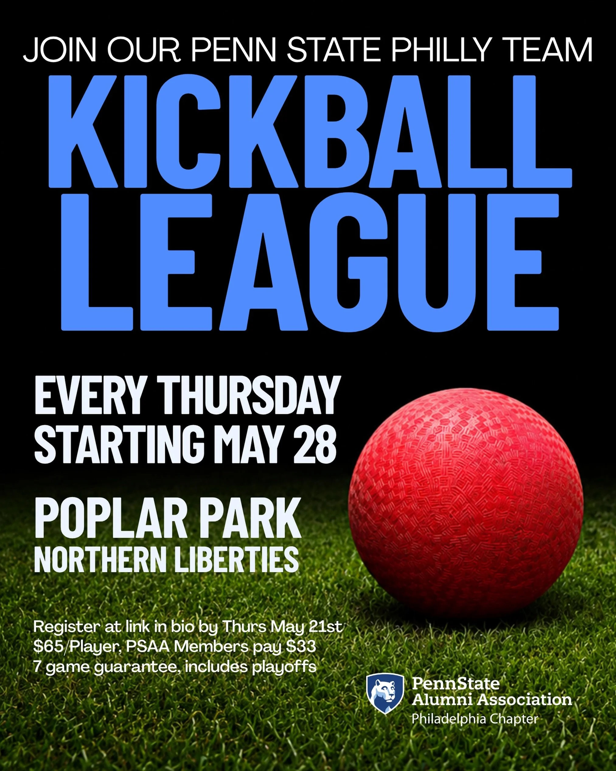 Your summer Thursday post-work plans are here! 👟🔴 Spots are officially open!

Join Penn State Philly&rsquo;s kickball team starting May 28 at Poplar Park in Northern Liberties. Whether you&rsquo;re competitive or just in it for the vibes and post-g