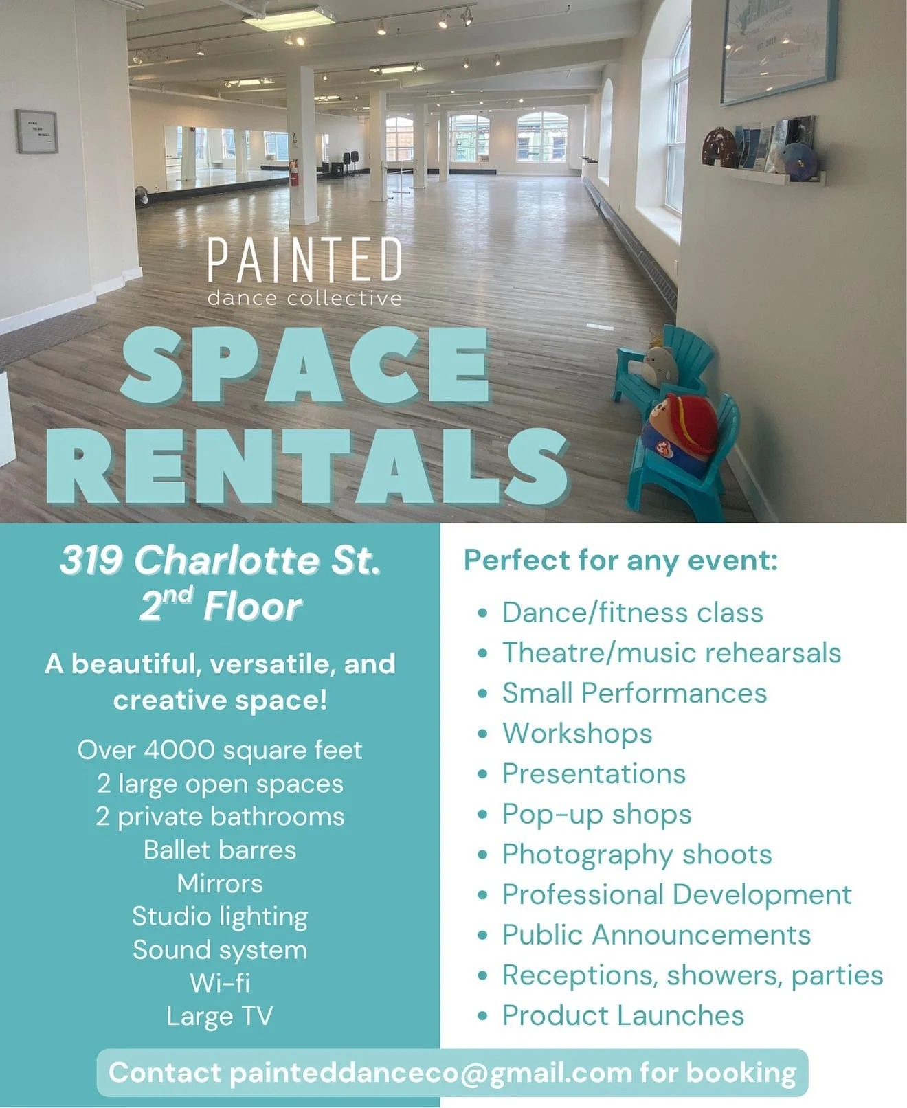 SPACE RENTALS! 🪩

Looking for a space to host your next event, rehearsal, or workshop? DM or email painteddanceco@gmail.com to book your date today!

We are so excited to be offering rentals at our downtown studio space! 🩵
Our studio is bright, ver