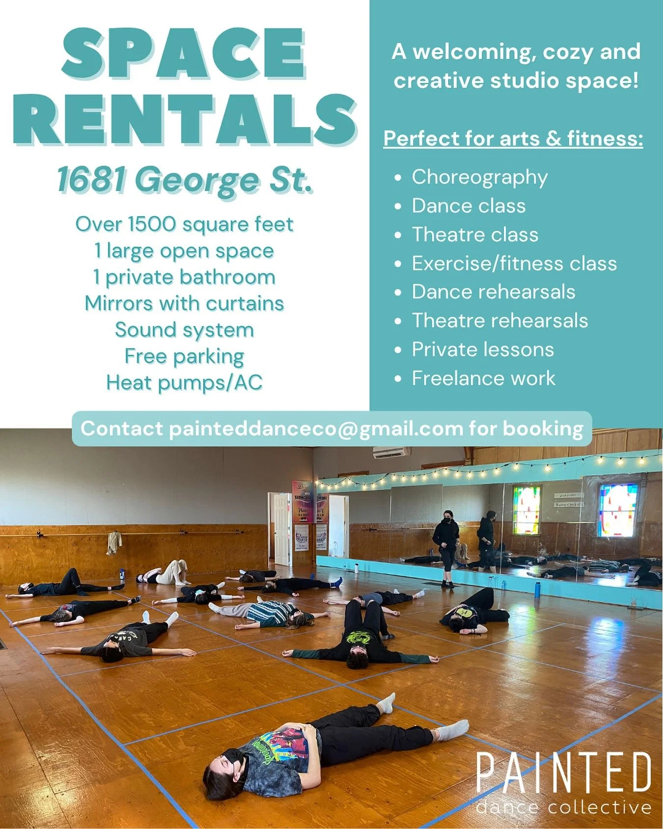SPACE RENTALS! 🪩

Looking for a space to choreograph, teach, train, or rehearse? DM or email painteddanceco@gmail.com to book our George St. studio today! 

We are so often asked about renting studio space for choreography, classes, or rehearsals- w
