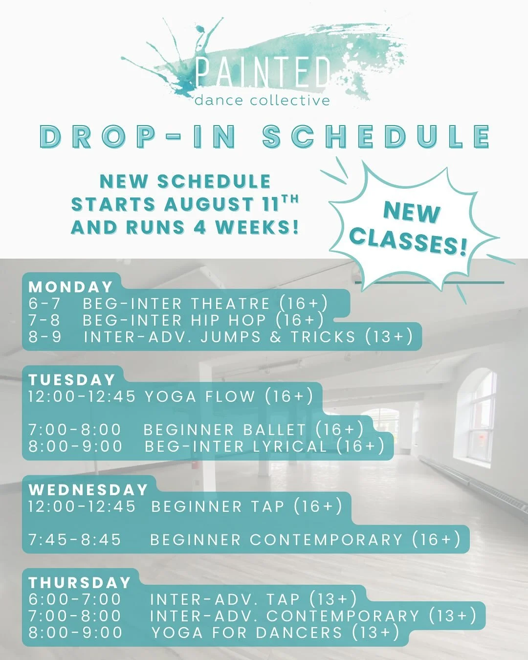 UPDATED SUMMER DROP-IN SCHEDULE ☀️

After such a successful first 5 weeks of our summer drop-in classes, we decided to add to the fun with a bunch of brand new classes! This new 4-week schedule starts next Monday, AUGUST 11TH! 🤩

🩵 NEW TO THE SCHED