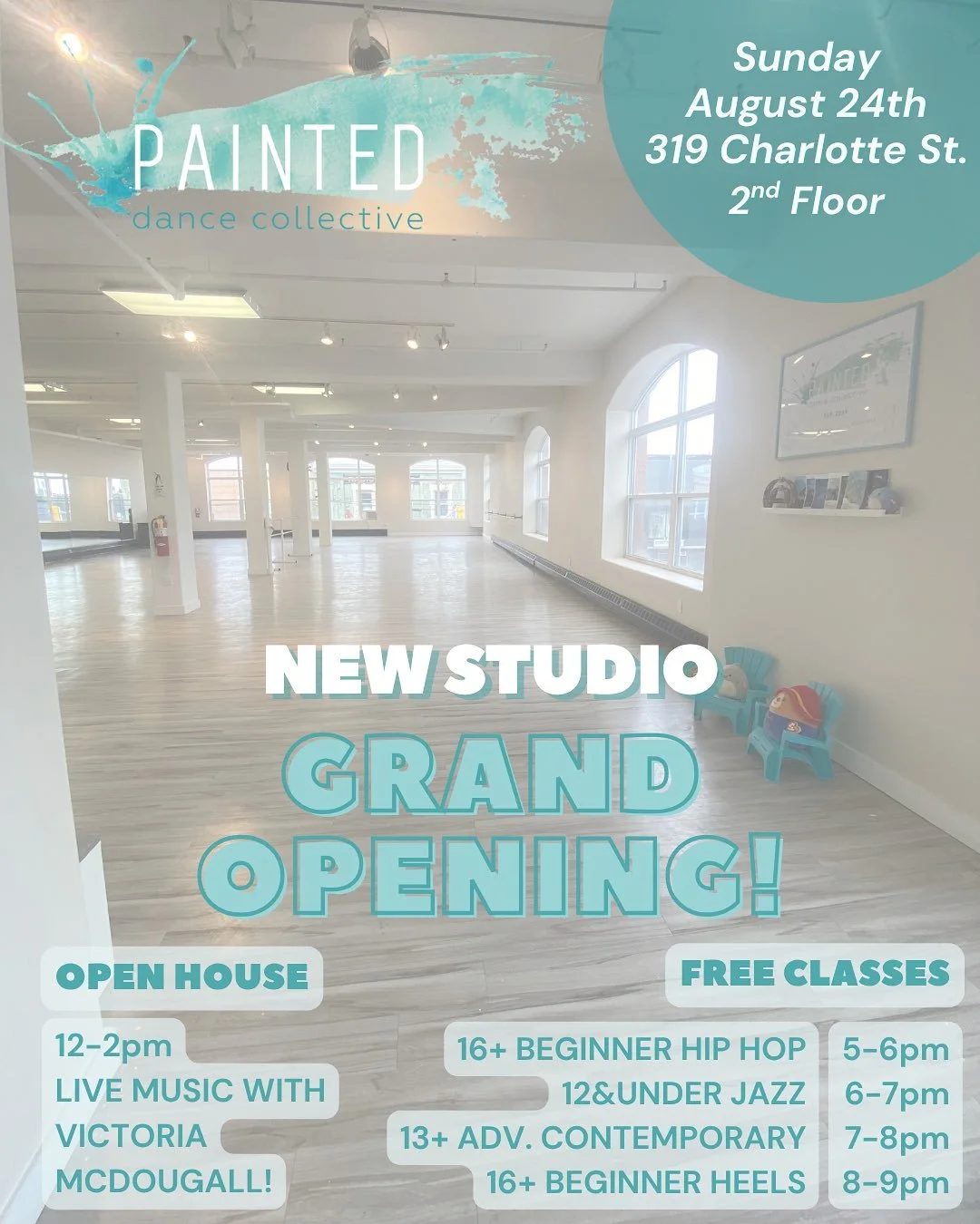 GRAND OPENING ⭐️
Join us Sunday August 24 to celebrate our new downtown studio expansion! The best part? Everything is FREE on grand opening day! 🤩

Sunday, August 24th
OPEN HOUSE ➡️ 12:00-2:00PM 
FREE DANCE CLASSES ➡️ 5:00-9:00PM
319 Charlotte St. 