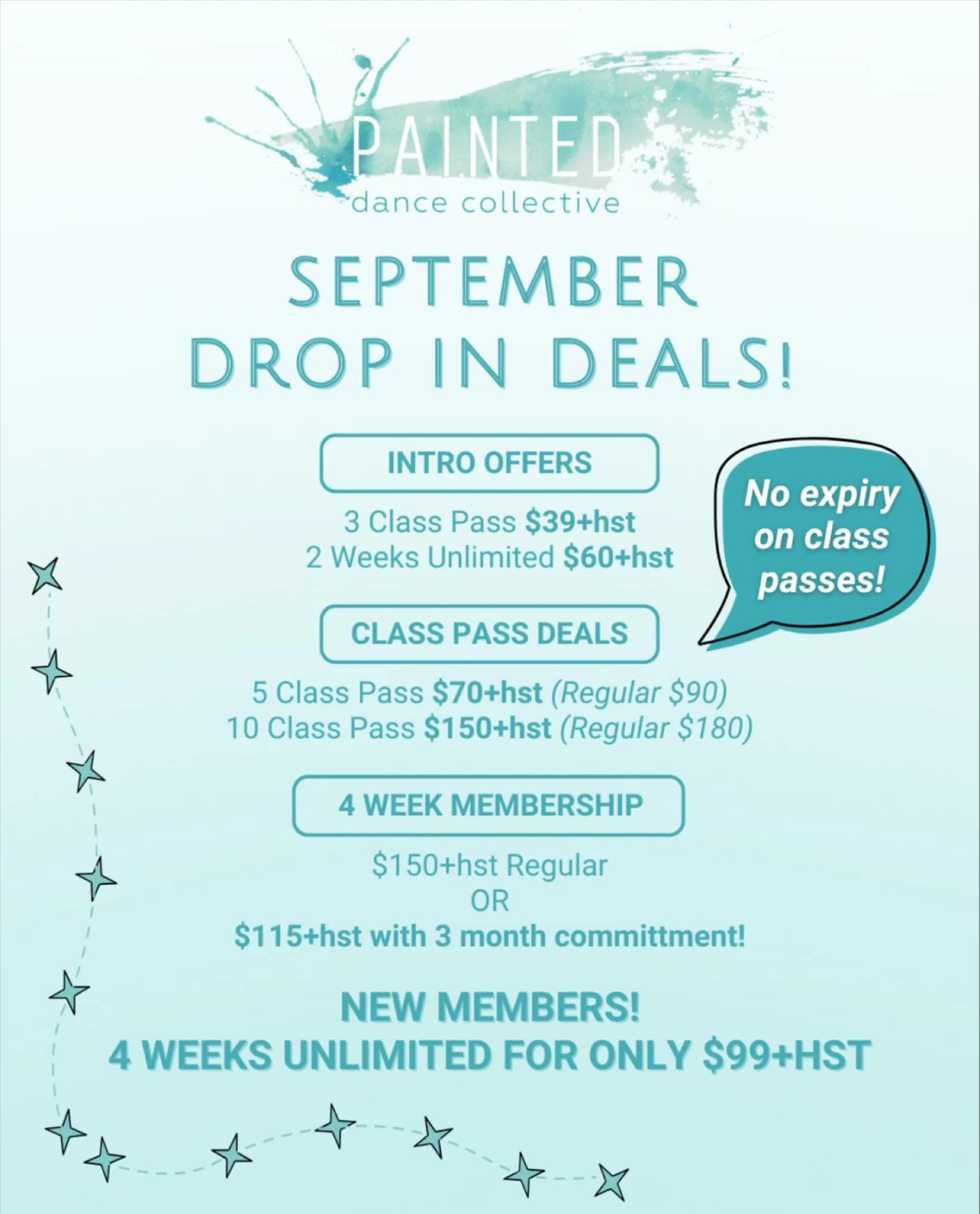 SEPTEMBER DROP IN DEALS 🤩
We hope to dance with you this fall season! 🍂

ALL PASSES AND MEMBERSHIPS CAN NOW BE PURCHASED DIRECTLY ON OUR WEBSITE! Head to the link in our bio to get set up today. 🩵

New to the studio? Check out these intro offers!
