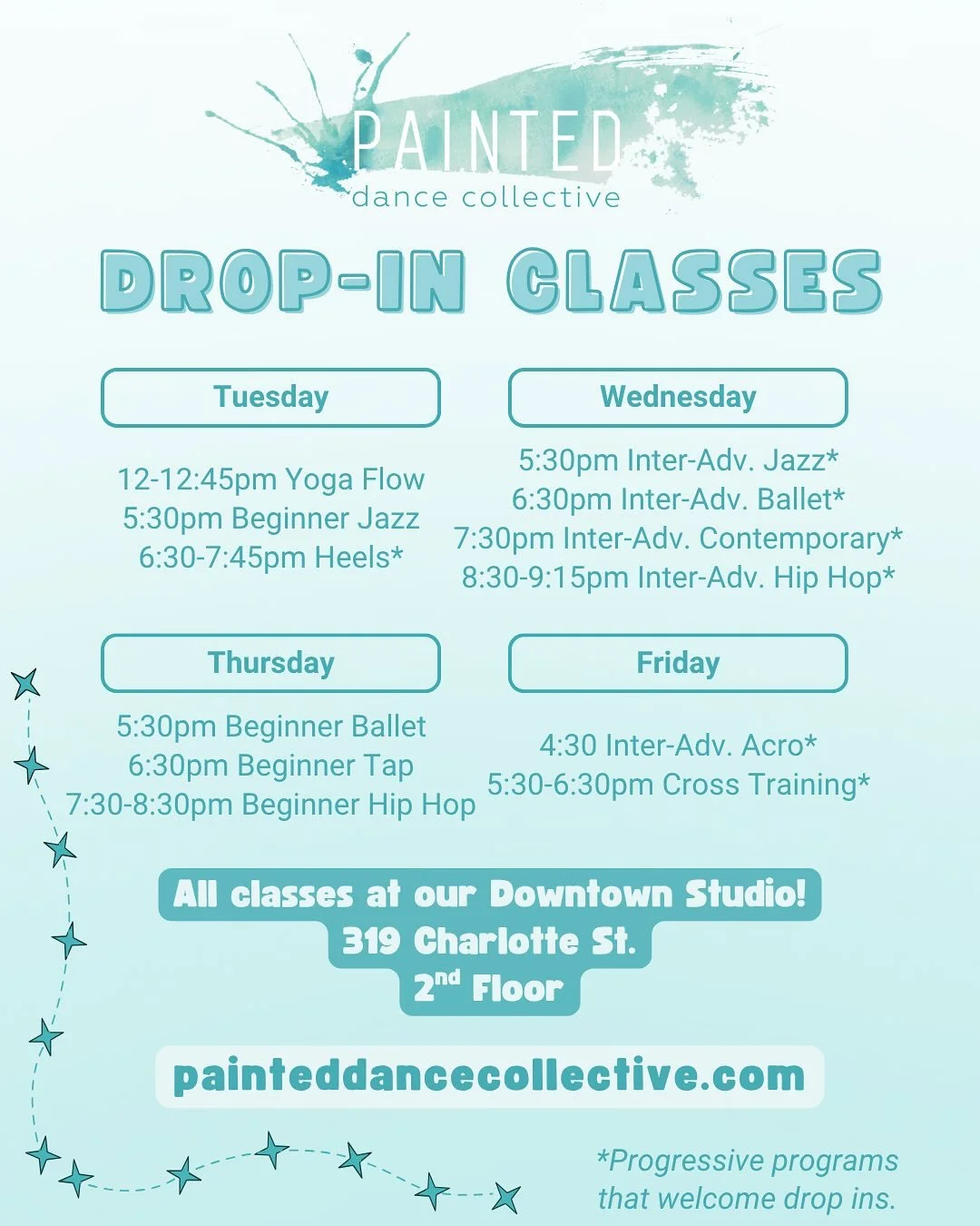DROP IN CLASSES 🤩
Check out our current drop in schedule and come take a class with us.🕺
Swipe to see drop in rates, intro offers, class passes and memberships, and student discounts! ✅

TUESDAY ⭐️
12-12:45pm Yoga Flow
5:30pm Beginner Jazz
6:30-7:4