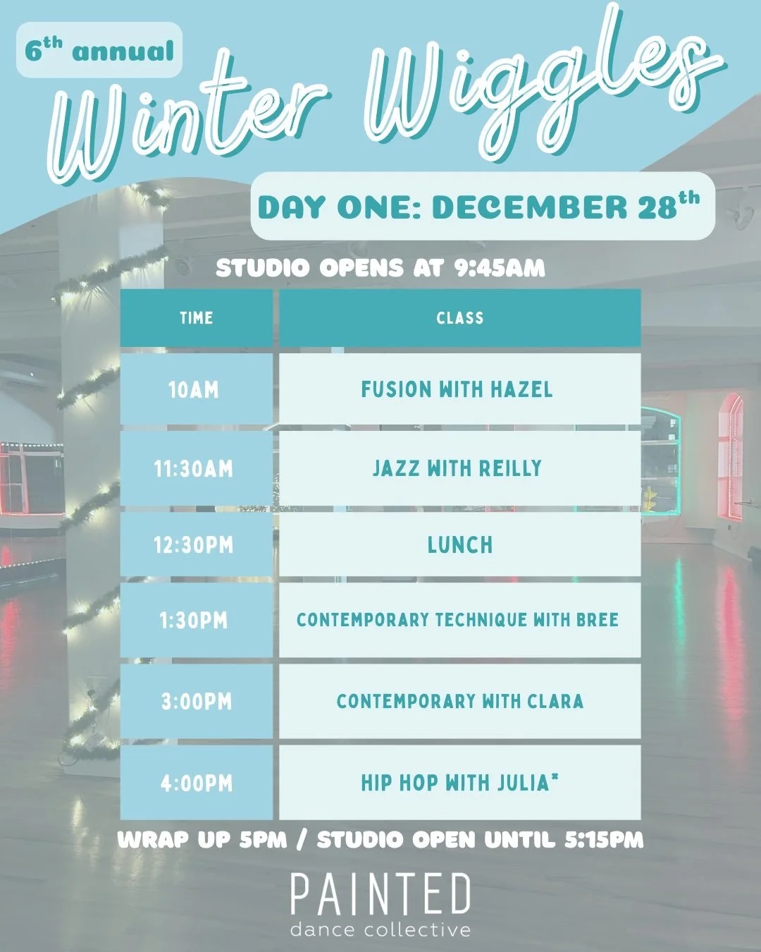 WINTER WIGGLES SCHEDULE ❄️
Link in bio to register!

Our favourite event of the year is just around the corner and we can&rsquo;t wait! 🤩

Check out the incredible lineup for our two days:

DAY ONE
10am Fusion with Hazel
11:30am Jazz with Reilly
12: