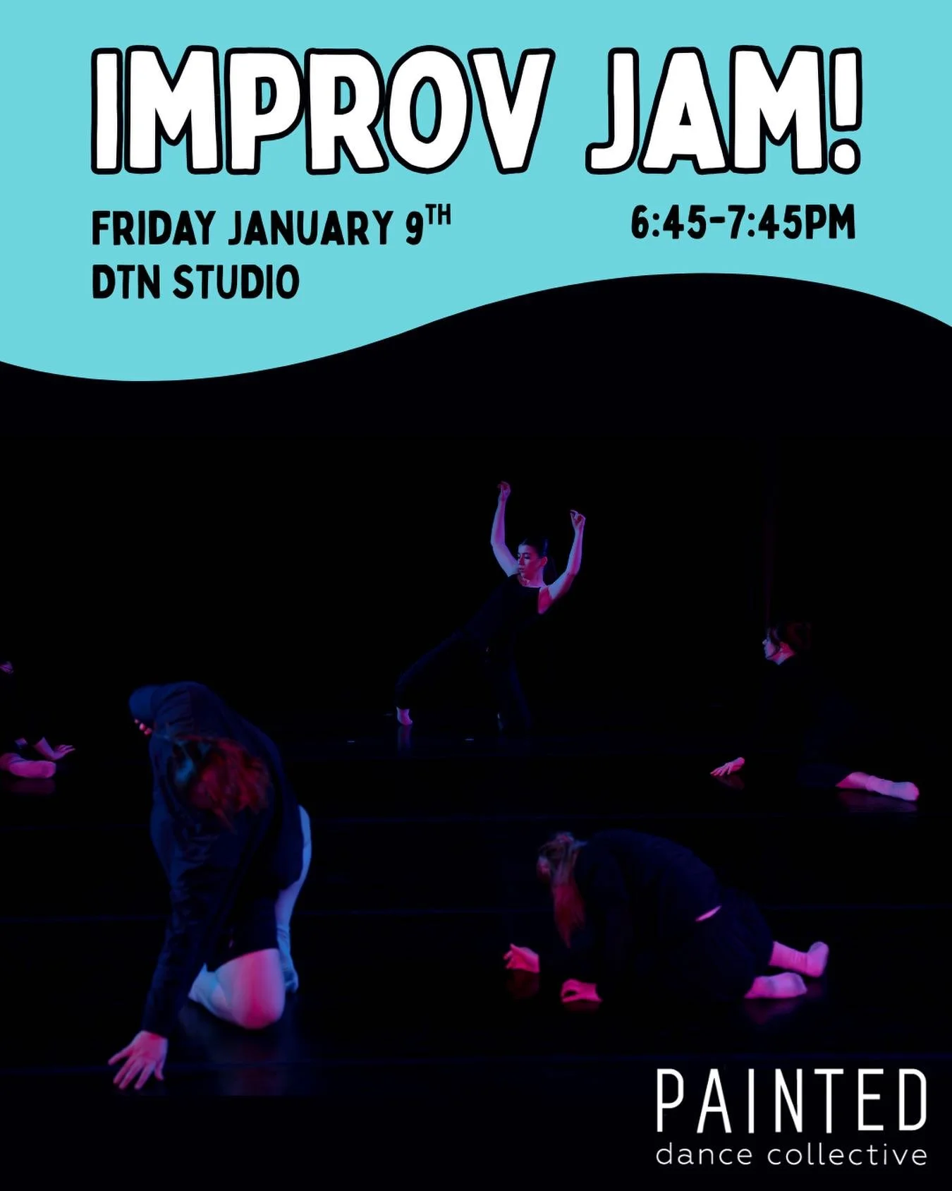 POP UP IMPROV JAM 🕺
Join us at our downtown studio this Friday for a feel good improv jam to keep the good vibes going this new year! ✨

- Open level, age 13+
- January 9th
- 6:45-7:45pm
- $10 per dancer

No registration required! Arrive a few minut