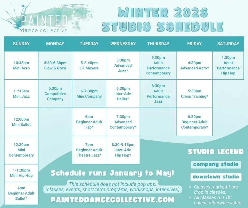 2026 WINTER STUDIO SCHEDULE 🩵
Head to our website, linked in bio, to buy class passes and memberships or to register for programming!🕺

⭐️ Classes marked * are drop in classes and always open to new dancers! You can pay for a single drop in, get a 