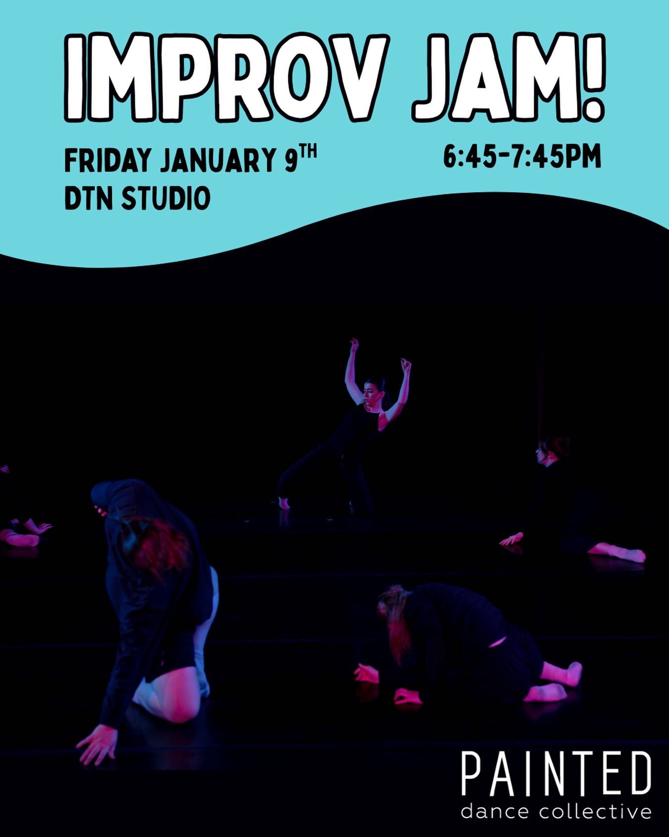 POP UP IMPROV JAM 🕺
Join us at our downtown studio this Friday for a feel good improv jam to keep the good vibes going this new year! ✨

- Open level, age 13+
- January 9th
- 6:45-7:45pm
- $10 per dancer

No registration required! Arrive a few minut