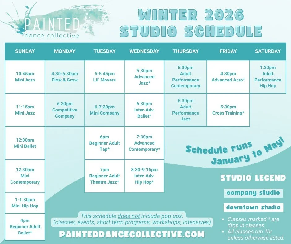 2026 STUDIO SCHEDULE 🩵
Head to our website, linked in bio, to buy class passes and memberships or to register for programming!🕺

⭐️ Classes marked * are drop in classes and always open to new dancers! You can pay for a single drop in, get a no expi