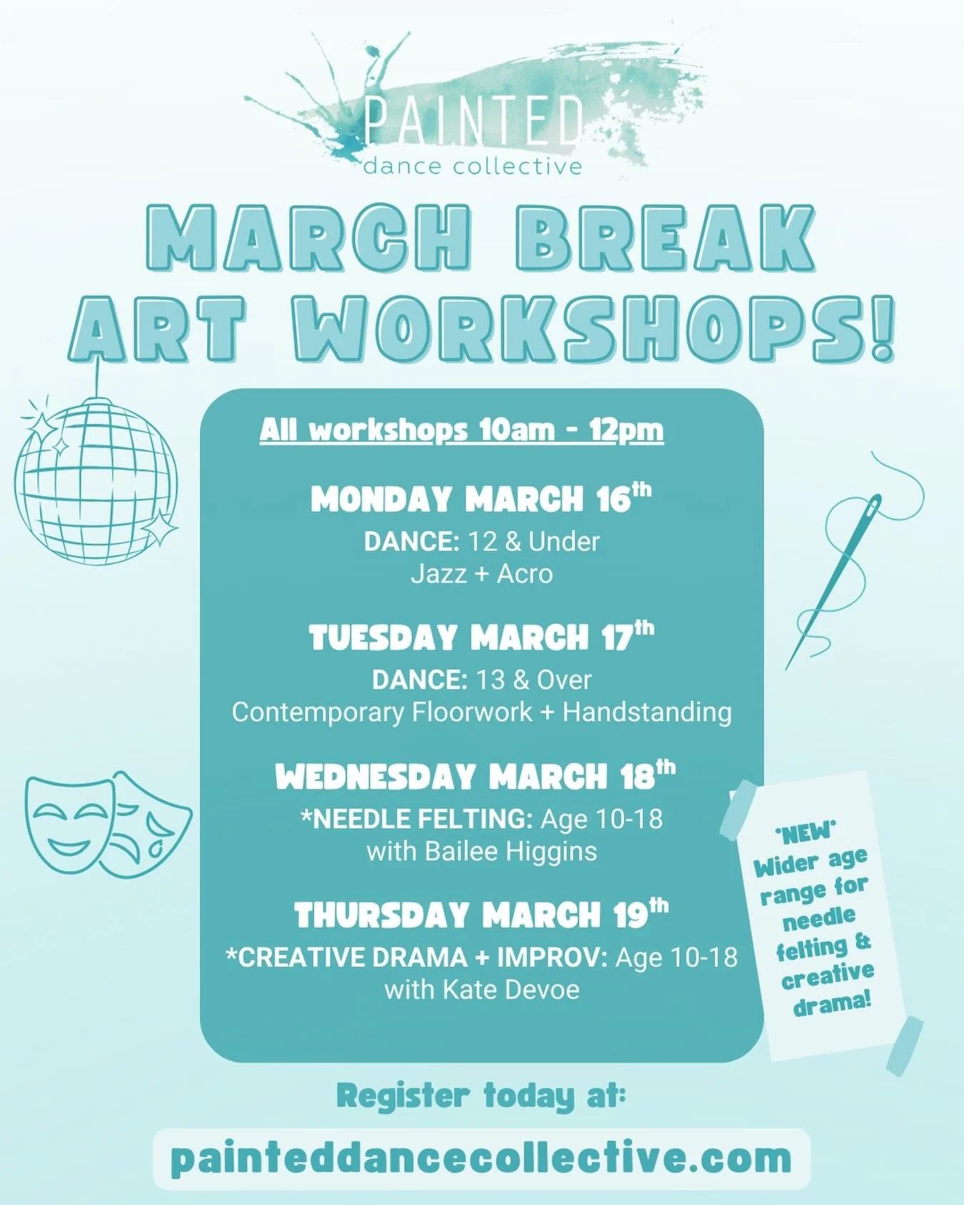 MARCH BREAK WORKSHOPS ⭐️
*NEW* Wider age ranges for needle felting and creative drama, and we have combined our mini and junior levels to make one 12 &amp; under workshop! 🤩

Create with Painted on your break! 
Register now on our website- link in b