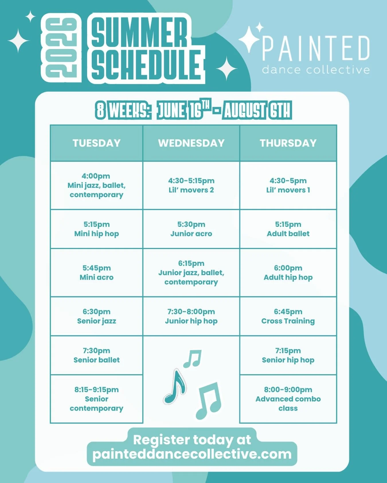 SUMMER CLASSES ☀️
Join us for 8 weeks of summer training, dancing, and fun! 🤩
We can&rsquo;t wait to do weekly classes this time of year- it&rsquo;s the best time to nurture your passion and level up for next season. 🩵

Register for the full 8 week