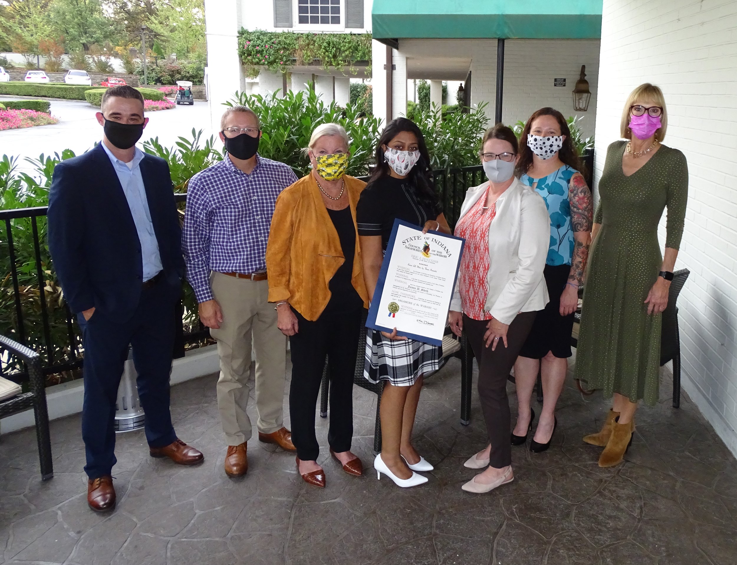  Chris Metz (Executive Director, ECHO Housing); Dane Chandler (Board Chair, ECHO Housing); Pat Bateman (Development Director, ECHO Housing); Jaimie Sheth (CEO/Founder, JDSF); Sonya Burkhart (Project Coordinator/PR, JDSF); Kelly Sanders (Board Chair, 