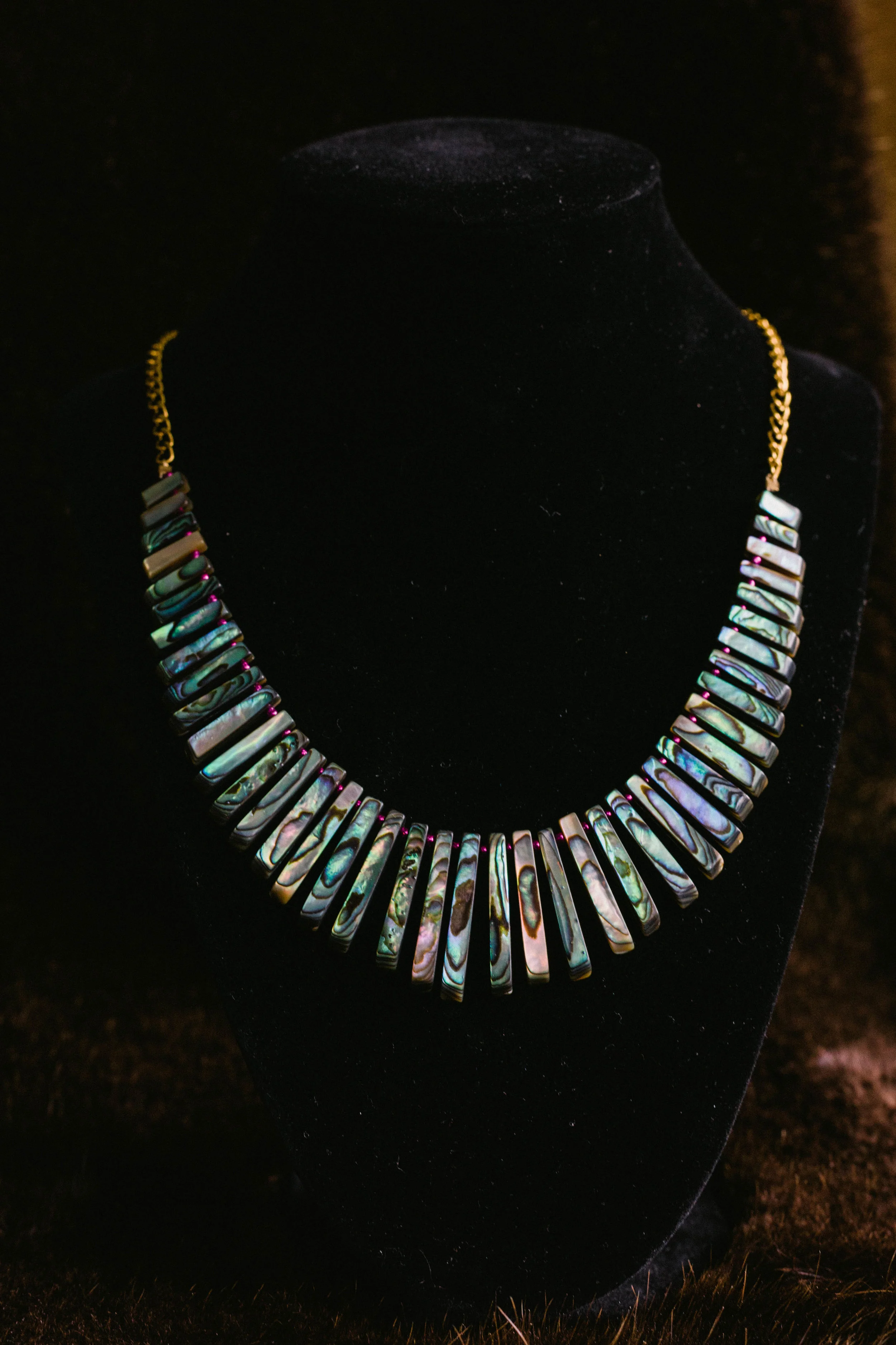 Pink Abalone Shell necklace on gold chain. 