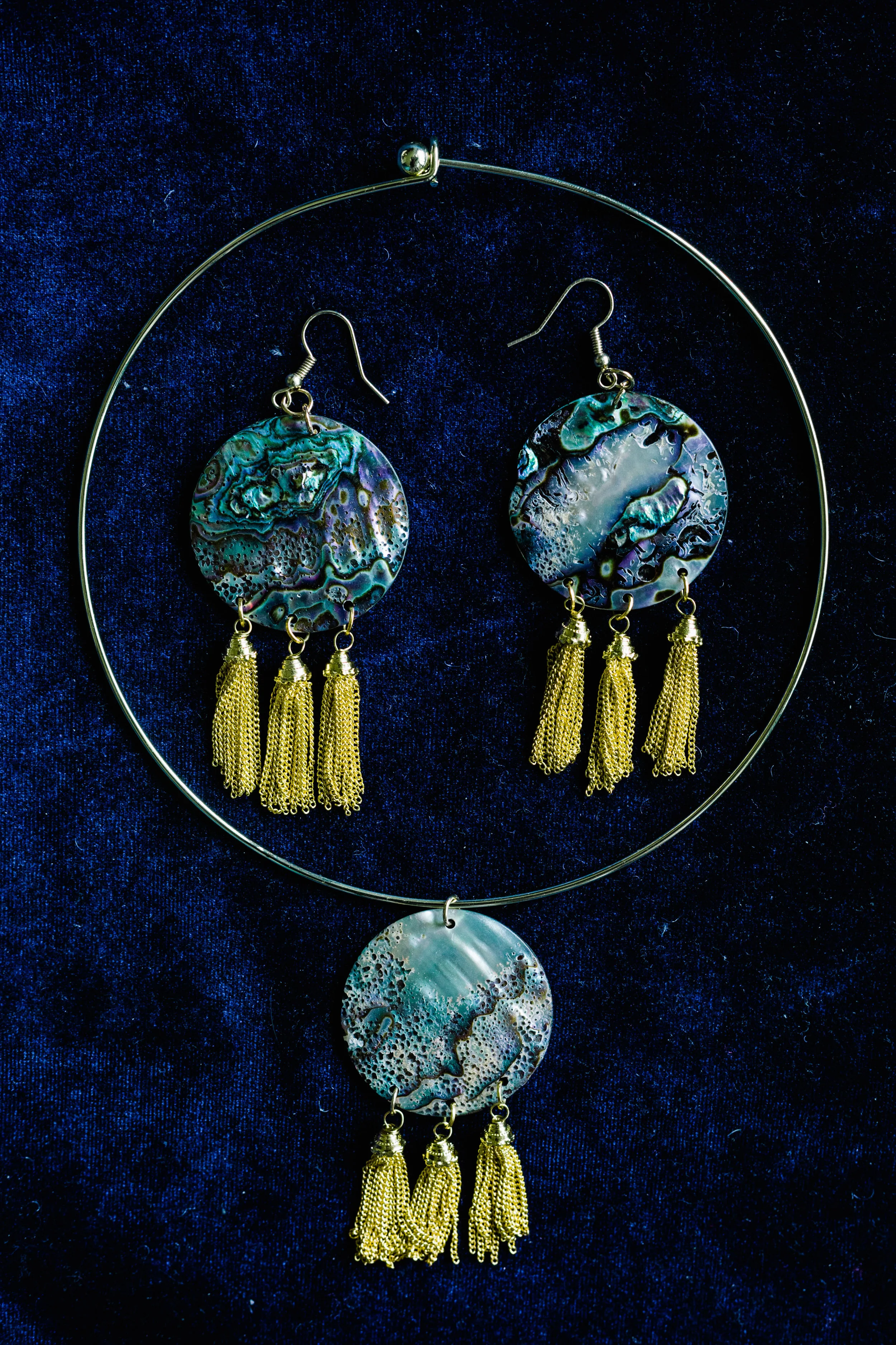 Gold Jellyfish Abalone Shell Earrings and Necklace