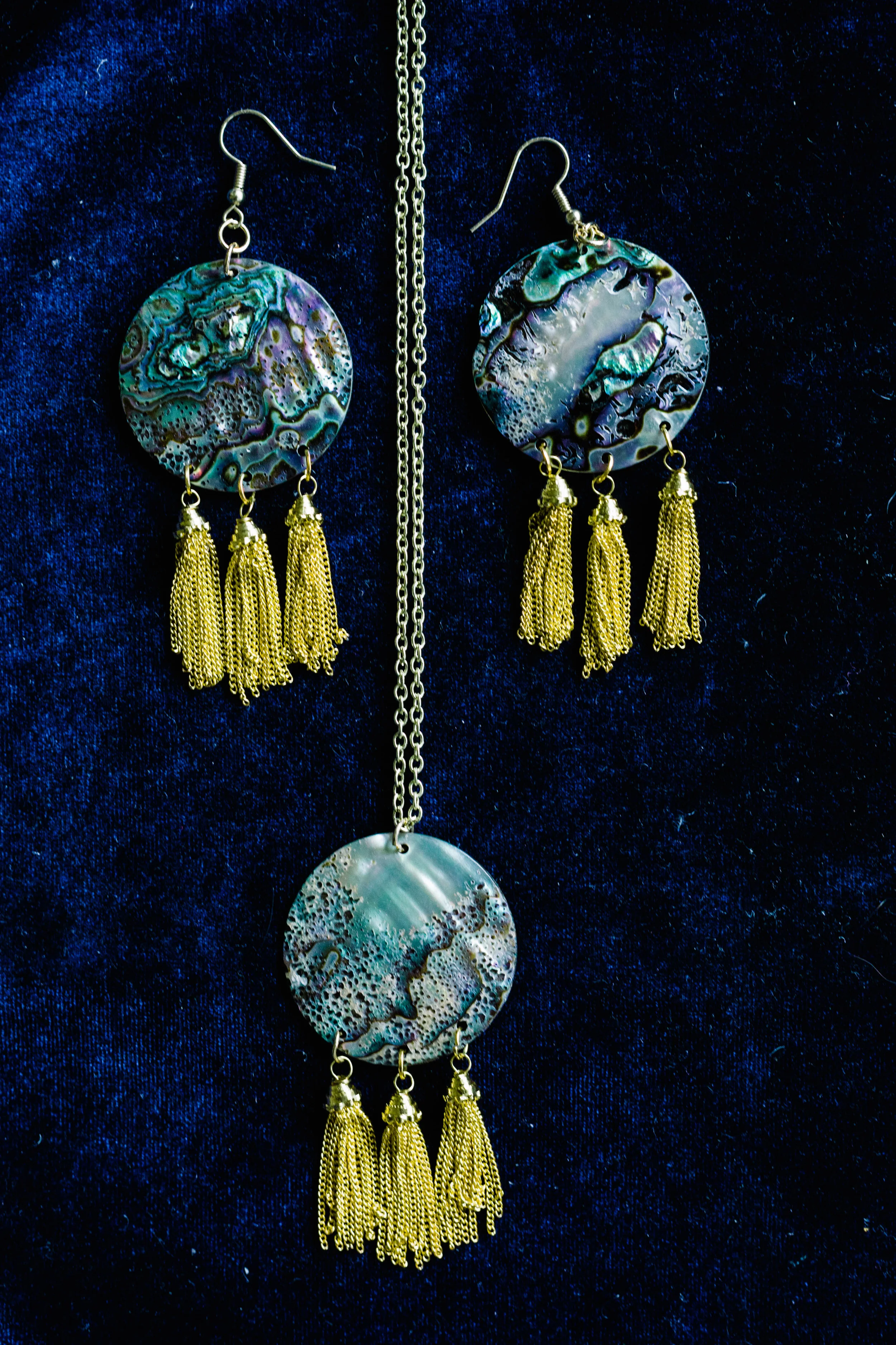 Gold Jellyfish Abalone Shell Earrings and Necklace
