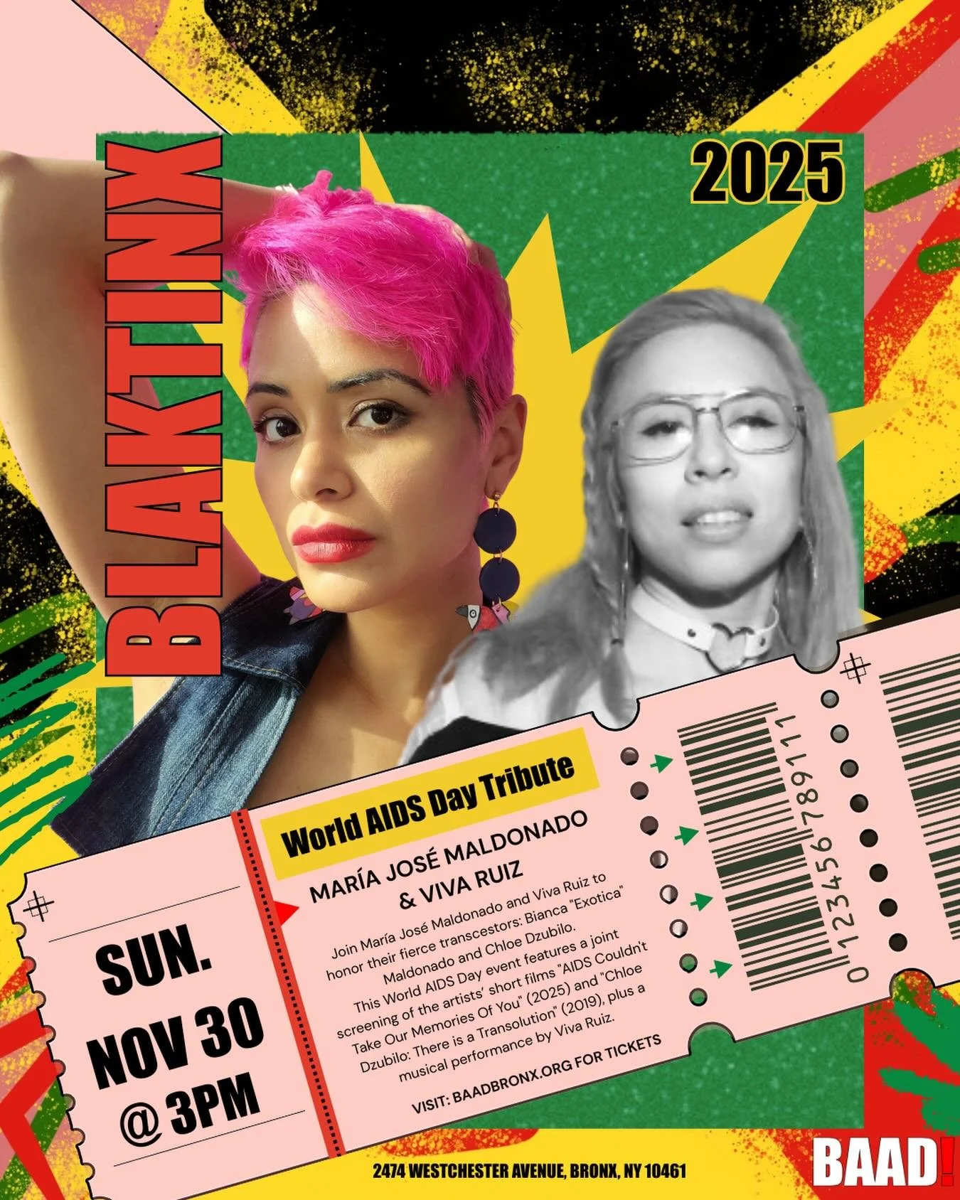 This Sunday, November 30th🌹🌹

Join Mar&iacute;a Jos&eacute; Maldonado and Viva Ruiz to honor their fierce transcestors: Bianca &ldquo;Exotica&rdquo; Maldonado and Chloe Dzubilo. This World AIDS Day event features a joint screening of the artists&rs
