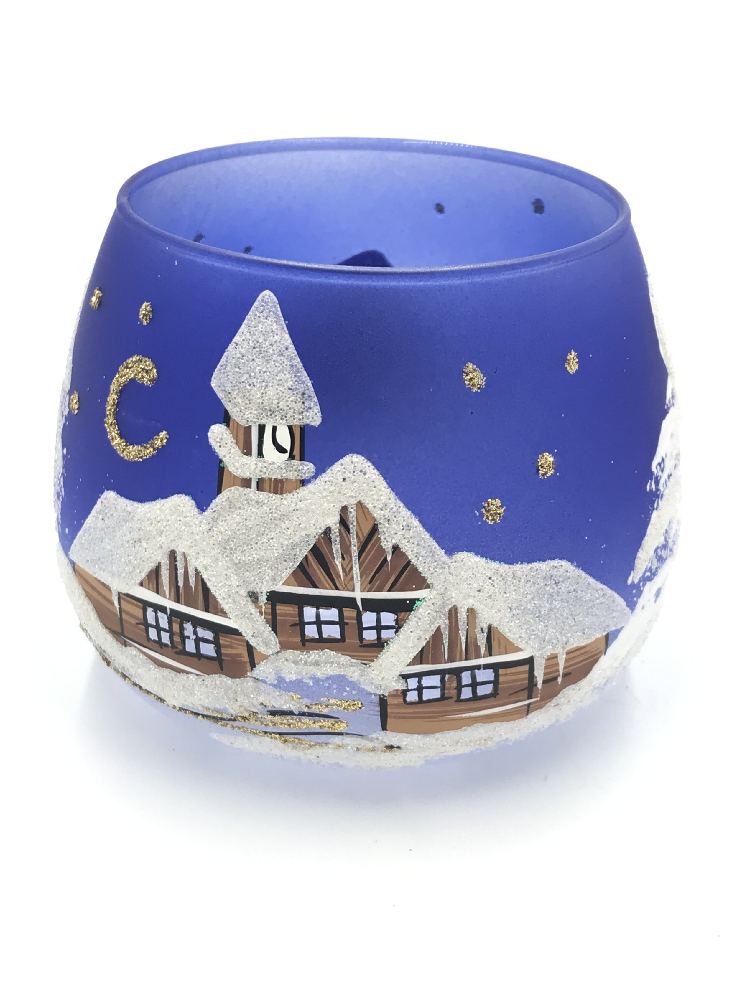 Czech hand painted glass candle holder decoration blue Christmas 