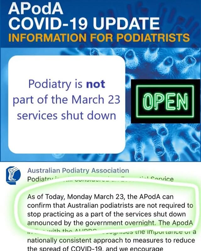 With significant measures taken to ensure patient AND practitioner safety, we are happily and confidently still open. For one and all. &bull;
&bull;
&bull;
Stay safe and healthy everyone.
&bull;
&bull;
&bull;
#podiatry #healthcare #healthcareworkers 