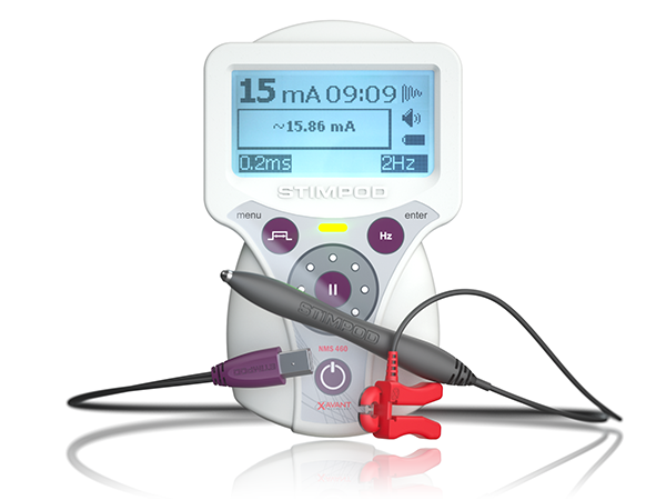 The neuromodulation unit has a white case, blue display screen, and purple buttons that are labeled. This device treats peripheral neuropathy and chronic pain from Bell's palsy, arthritis, migraines, sciatica, and diabetes.